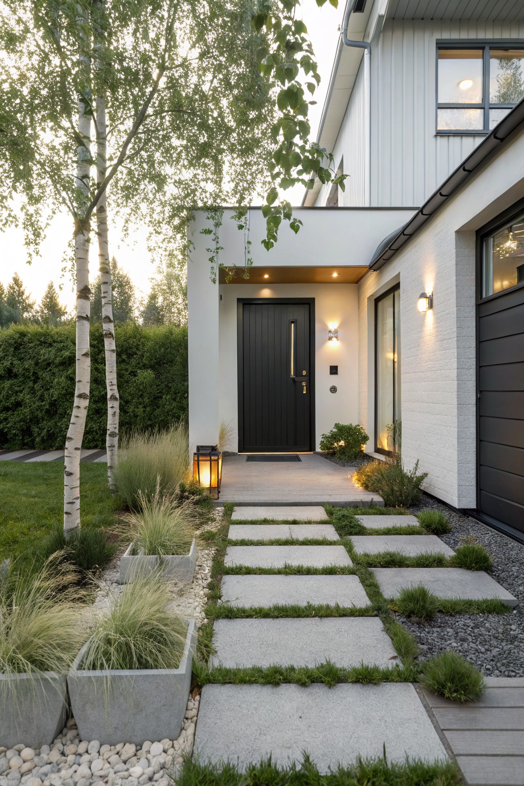 Modern white and gray house facade with black front door, linear pathway of large rectangular gray stone pavers through gravel beds and ornamental grasses, flanked by birch trees and concrete planters.