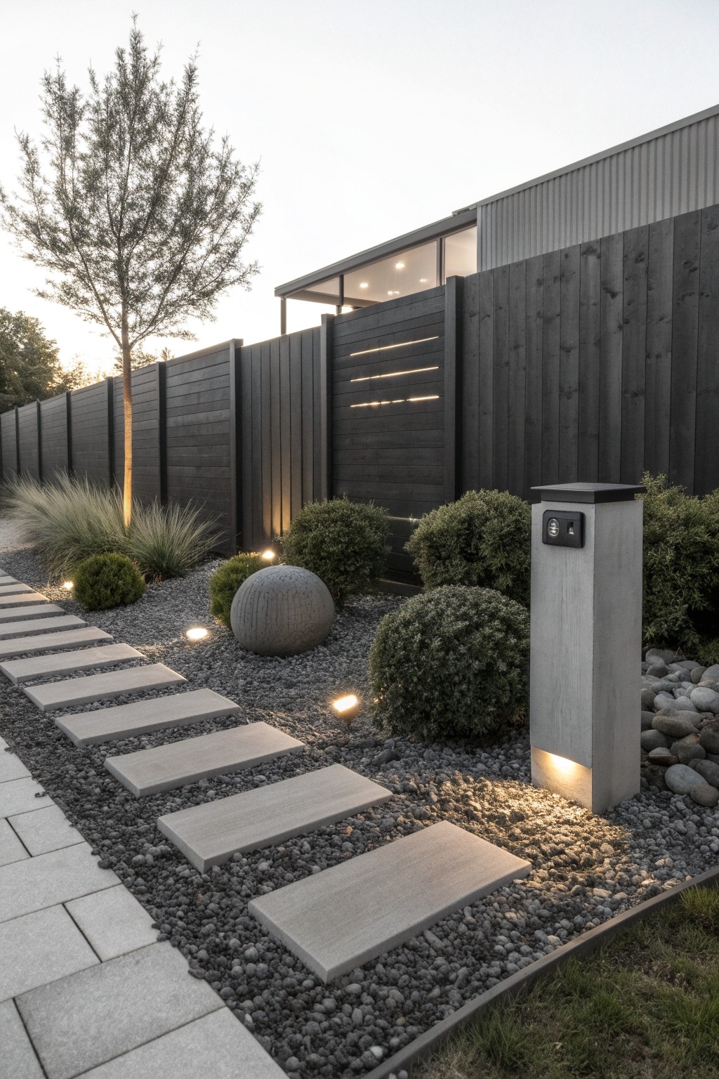 Front yard landscaping featuring large rectangular concrete stepping stones laid in a gravel path, surrounded by low shrubs, ornamental grasses, a large stone sphere, and integrated low-voltage lighting, with a modern house and dark wooden fence in the background.
