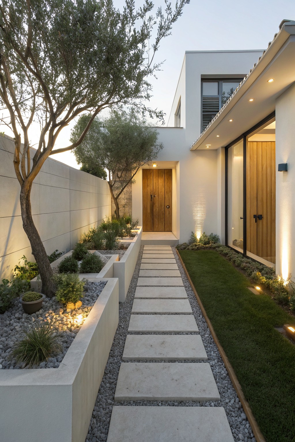Front yard landscaping with a straight walkway of light gray stone pavers flanked by tall white concrete planters containing greenery and pebbles on one side and a narrow grass strip edged with gravel on the other, leading to a white modern house with wooden doors and olive trees nearby.