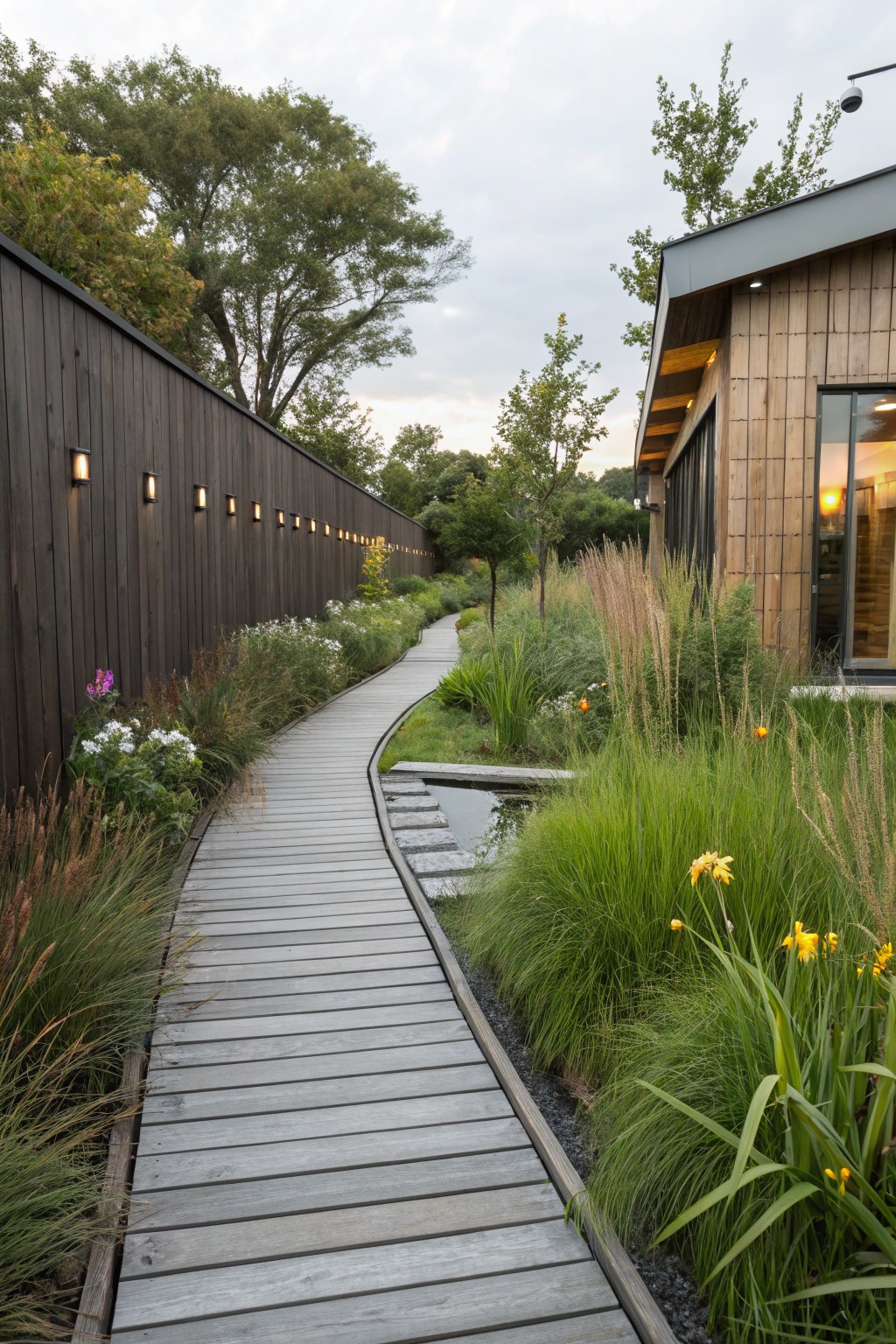 Curving gray wooden boardwalk path winding through tall ornamental grasses, yellow irises, white flowers, and green perennials beside a dark wooden fence and modern cedar-clad building with large windows.