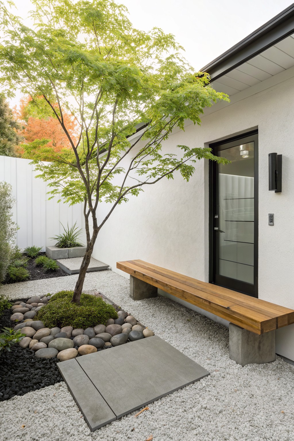 Minimalist front yard with white gravel ground cover, rounded boulders, moss mound around small green tree base, potted agave, wooden bench on concrete plinths and slab path, adjacent to white stucco house wall with black metal glass entry door and wall light.