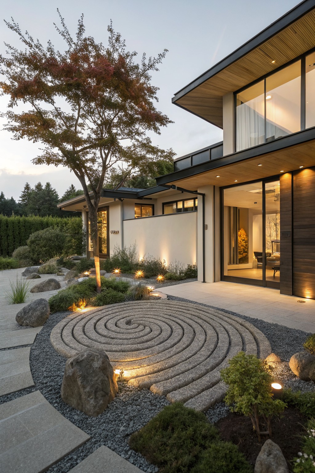 Modern house facade with front yard featuring a large spiral of raked gravel surrounded by boulders, low plants, and uplights, leading to sliding glass entry doors.