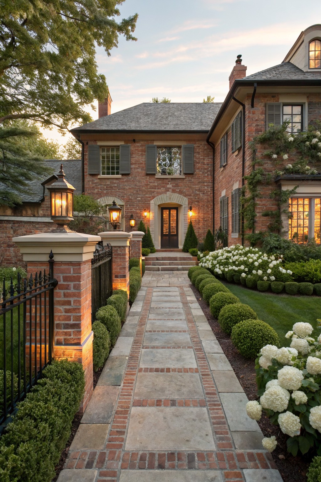 A brick house front with a central stone pathway edged by boxwood shrubs and white hydrangea blooms, leading through black iron gates on brick pillars to the entry door, lit by lanterns.