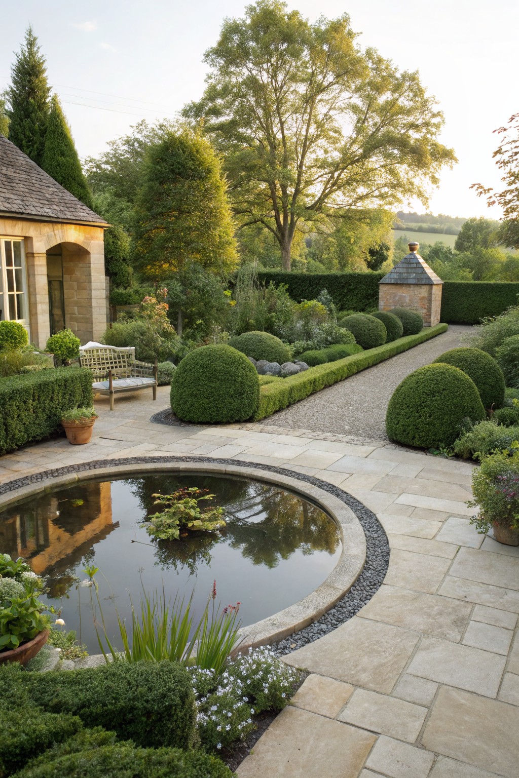 Formal garden with symmetrical spherical boxwood topiaries lining a gravel path, a circular stone-edged pond with water plants, clipped hedges, potted plants, and small stone outbuildings on a paved terrace.