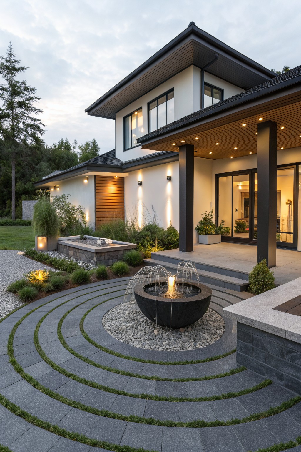 Modern two-story house with white walls, dark trim, and overhanging roof, shown with front yard circular dark stone pathway lined with grass around a central black fountain feature, steps to entrance, plants, and gravel accents.
