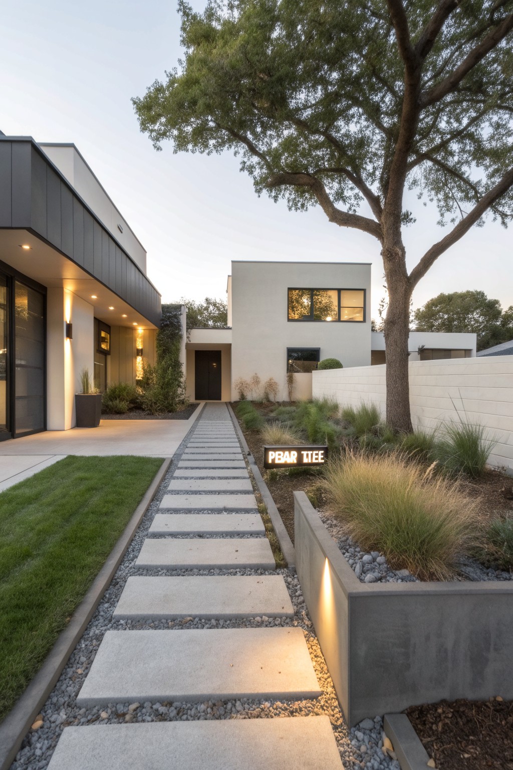 Straight pathway of large rectangular pavers bordered by gravel and ornamental grasses leading to the entry of a modern stucco house with black accents, white walls, and a large tree nearby.