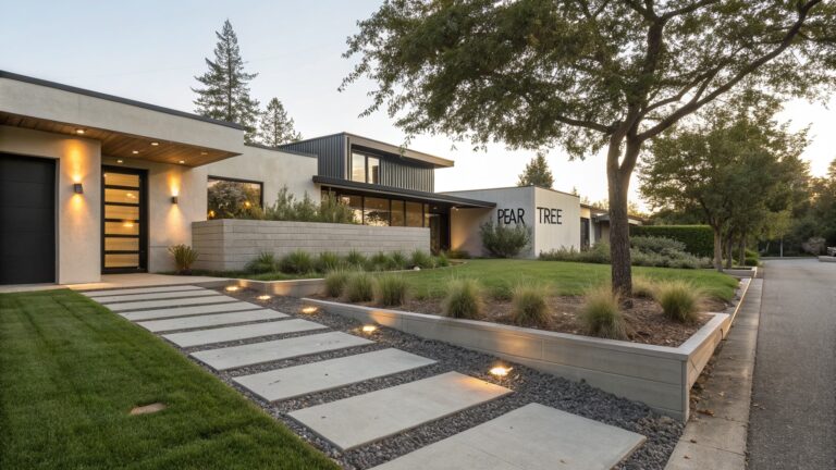 Straight pathway of large rectangular pavers bordered by gravel and ornamental grasses leading to the entry of a modern stucco house with black accents, white walls, and a large tree nearby.