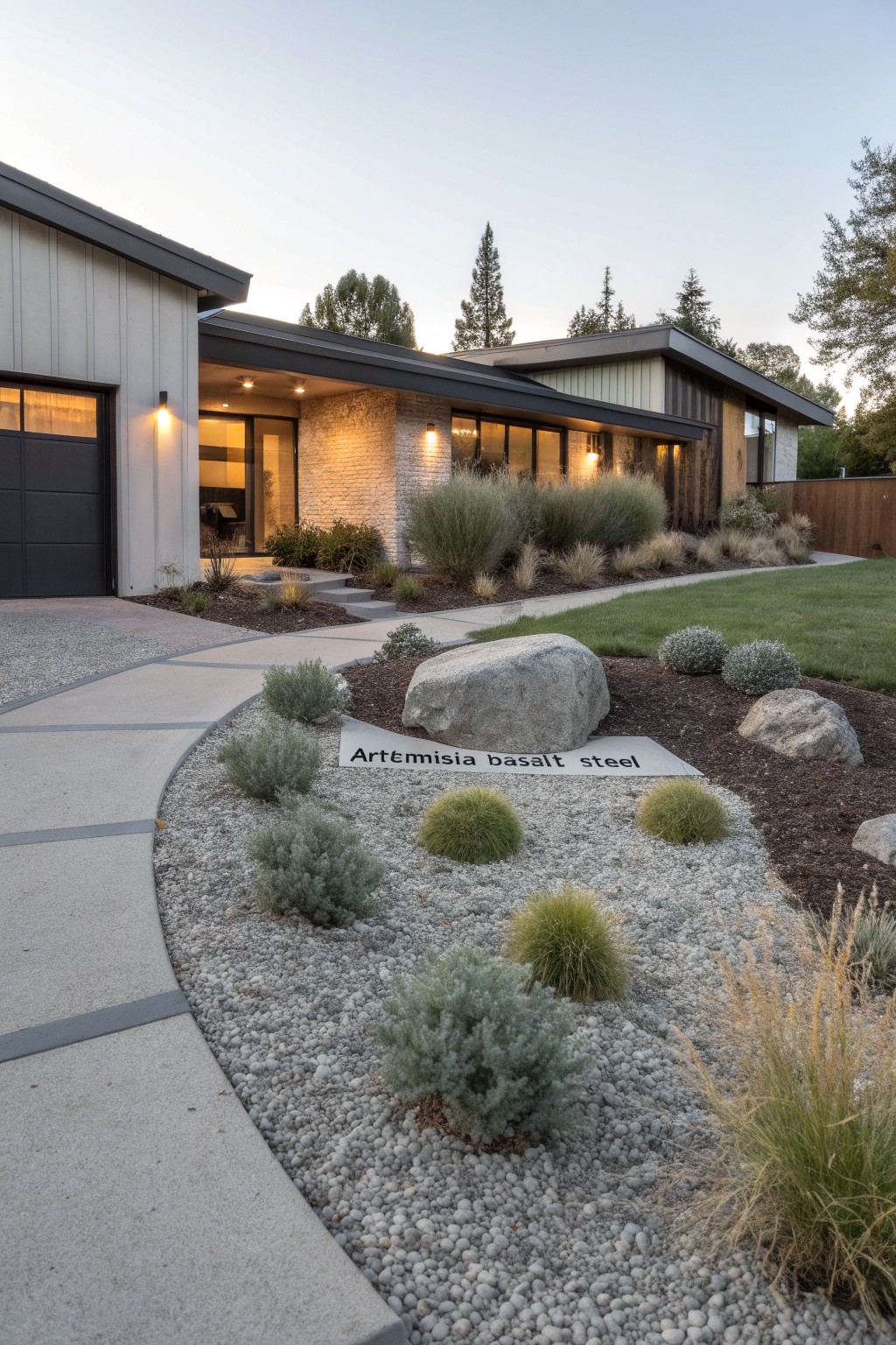 Modern house with black garage door and wood-clad facade, featuring a curved concrete pathway bordered by gravel beds with large boulders, artemisia plants, ornamental grasses, and a stone sign.