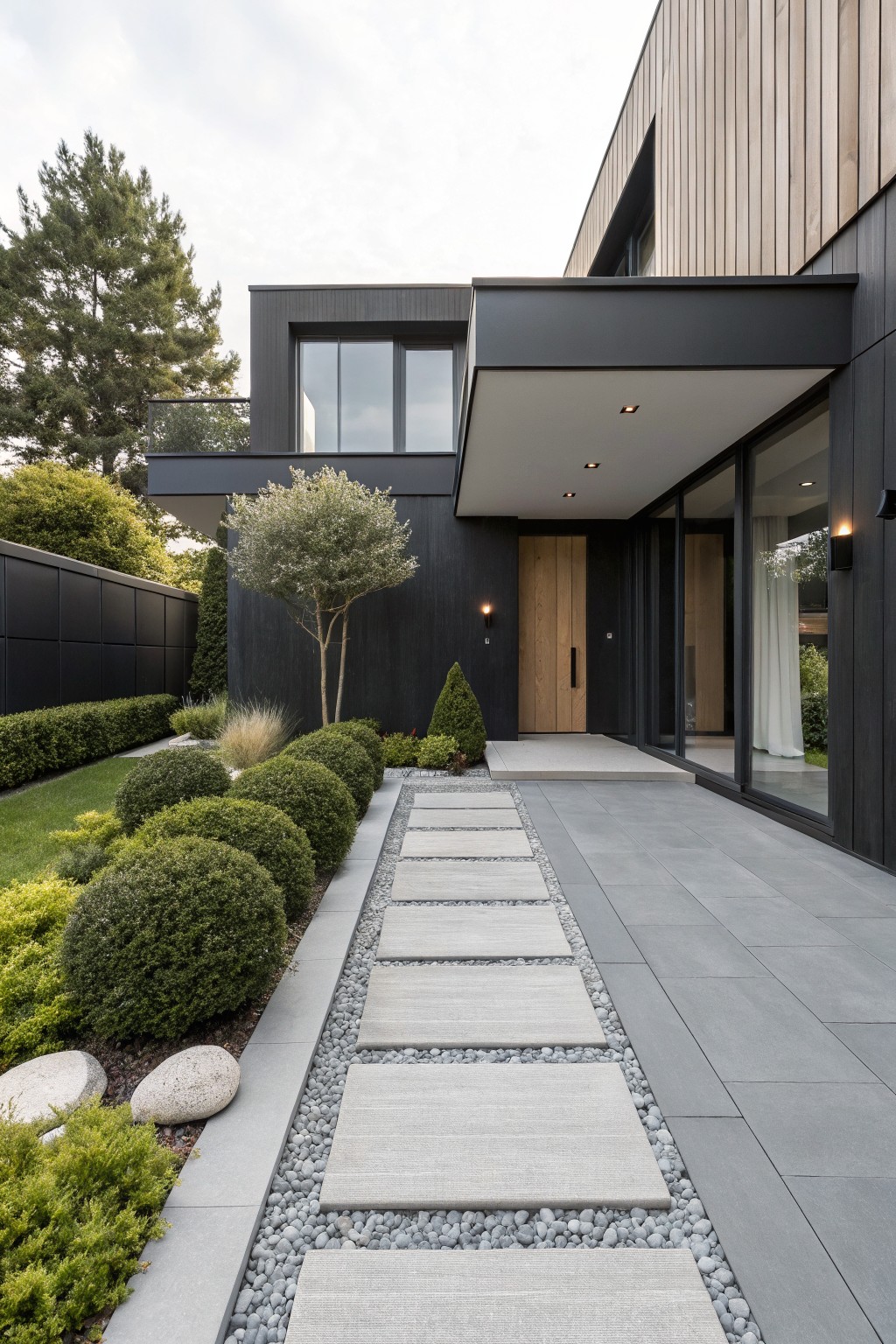 Modern house exterior with black cladding and wood entry door, front yard featuring a path of large gray rectangular pavers set into gray gravel strips bordered by spherical green boxwood shrubs, pebbles, and grasses.
