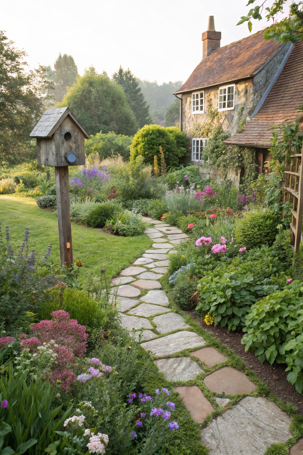 A curved path of irregular stone slabs winds through dense flower beds and borders leading to a ivy-covered stone cottage with a tall birdhouse post nearby.