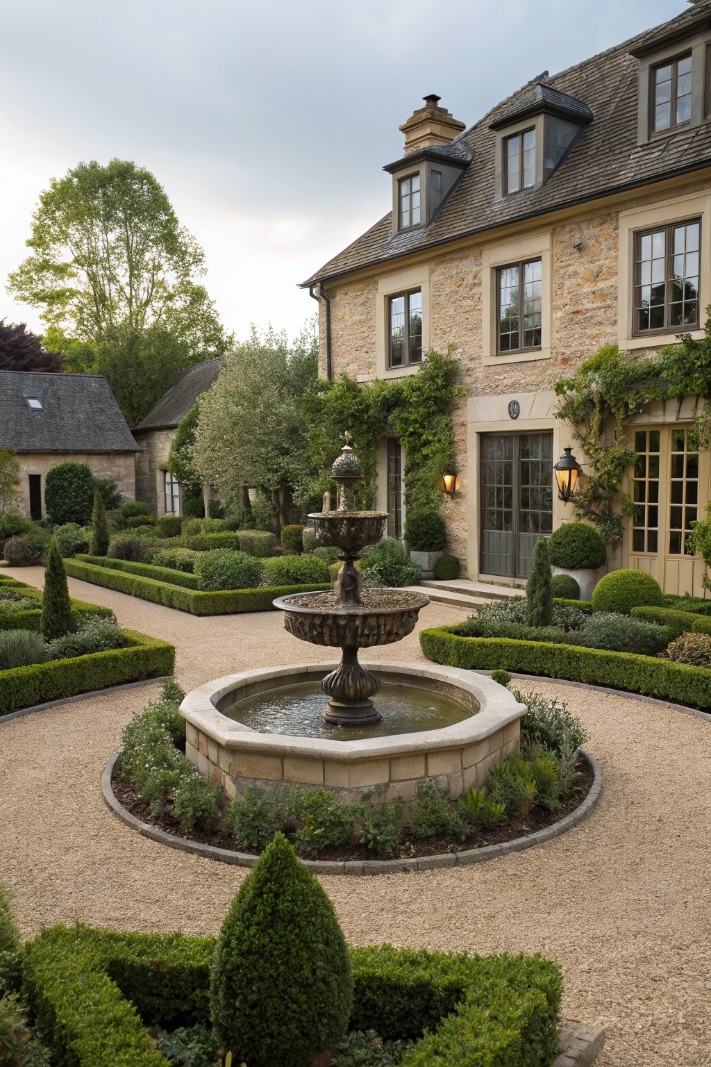 Stone house facade overlooking a central tiered fountain surrounded by symmetrical boxwood hedges, gravel paths, and formal garden beds.
