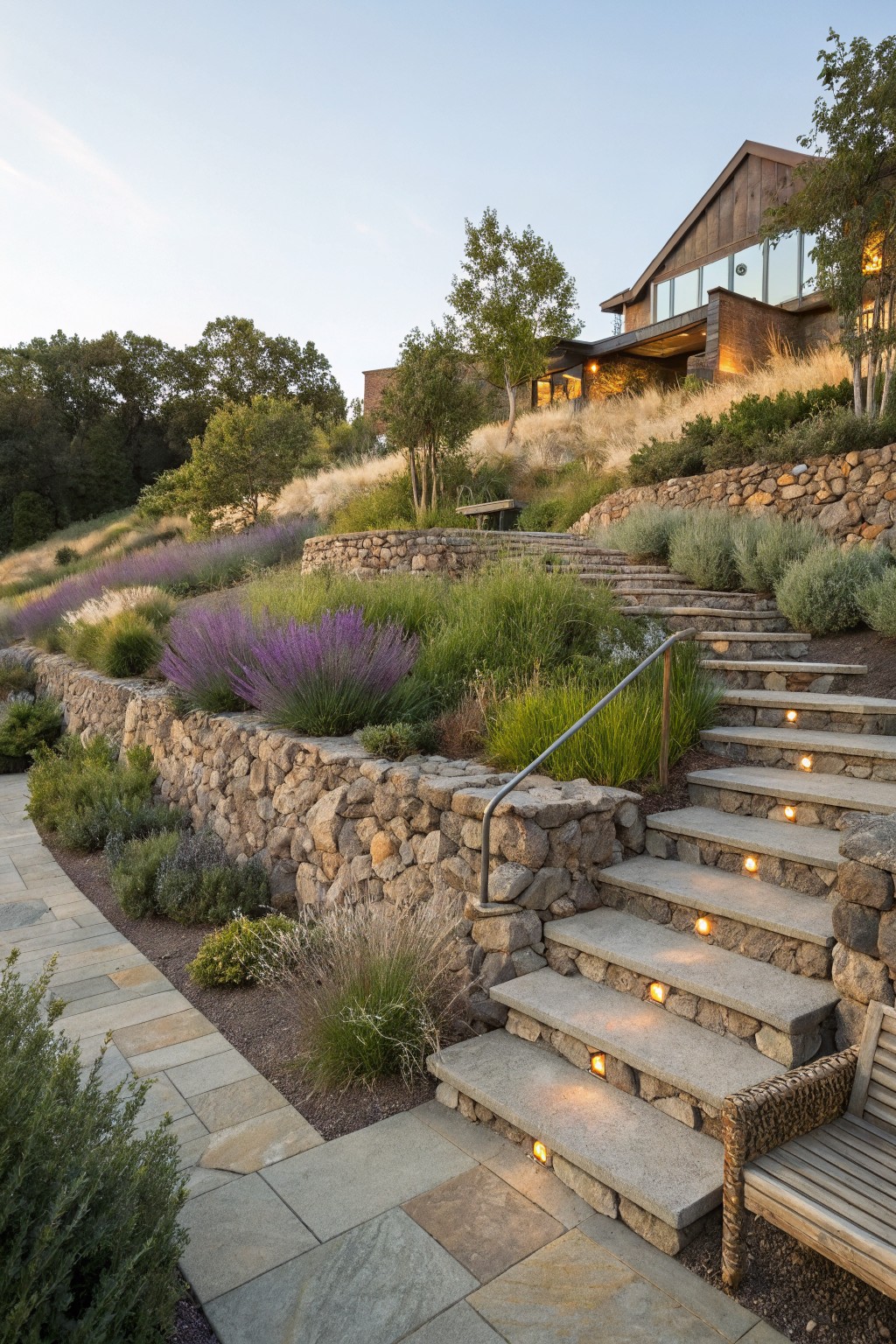 Stone retaining walls and wide steps with integrated lighting on a hillside, lined with lavender and grasses, leading to a wooden house backed by trees at dusk.
