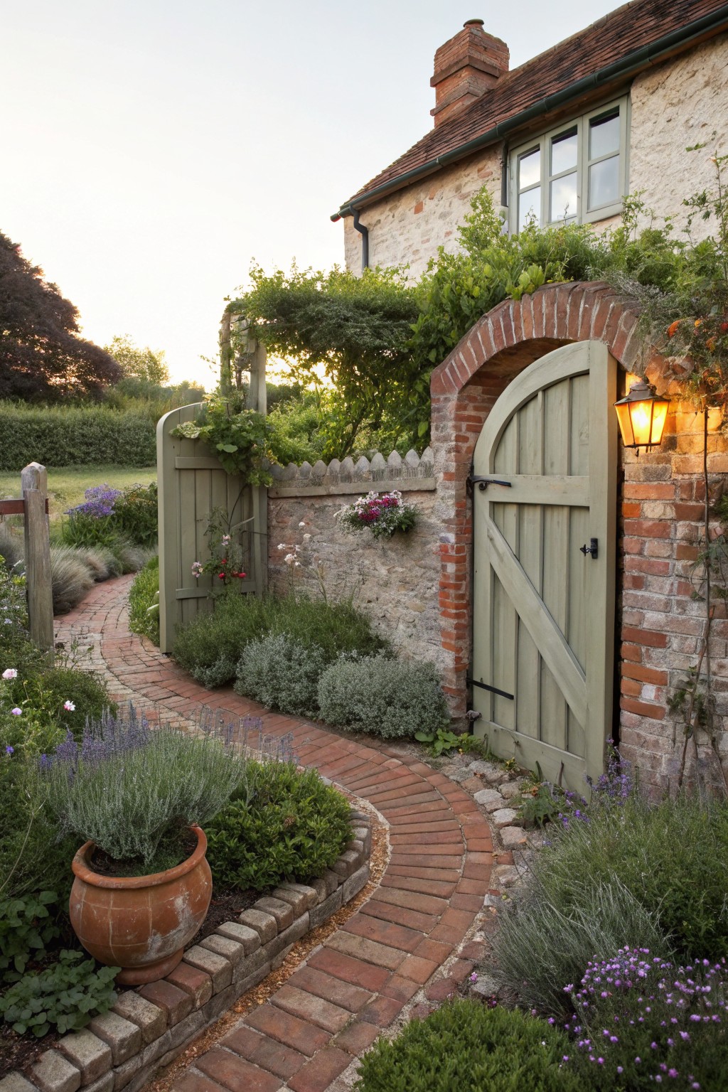 Curved red brick pathway winding through garden beds with lavender plants, shrubs, and flowers, leading to a green wooden arched gate in a brick and stone wall next to a stone cottage house in evening light.