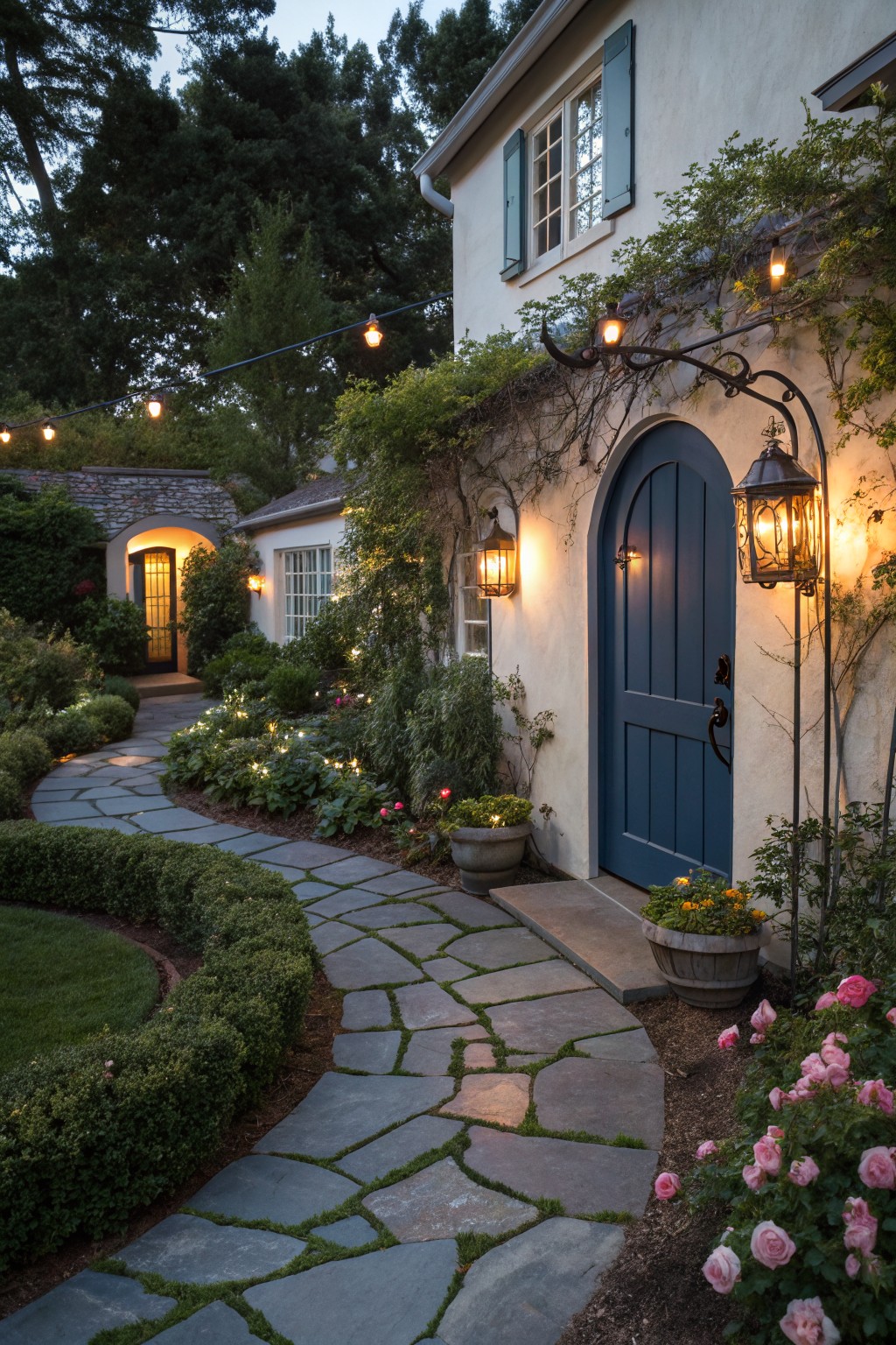 Curved flagstone pathway winds through landscaped front yard with boxwood hedges, flower beds, roses, vines on stucco house exterior, navy arched door, lanterns, and string lights at dusk.