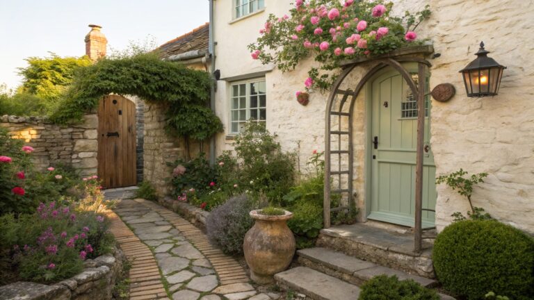 Rustic stone cottage with arched wooden door, flanked by climbing vines and flower pots, leading to a winding flagstone path edged with lavender bushes, roses, and lanterns in a garden setting at dusk.