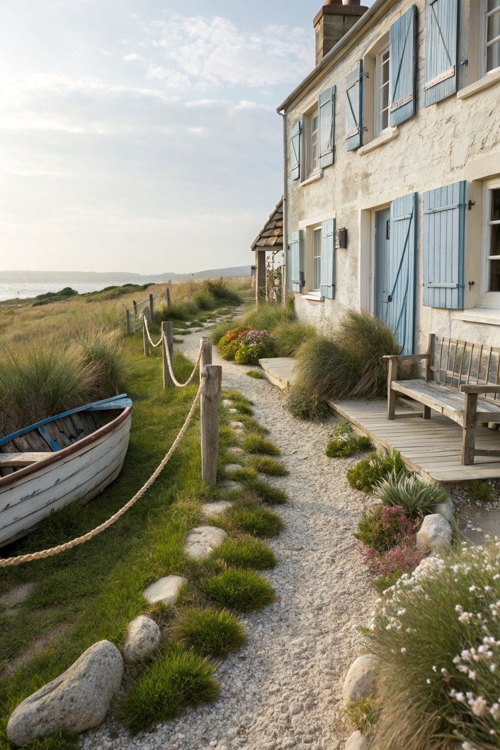 White stone cottage with blue shutters and a chimney, gravel path lined with grasses, flowers, rocks, and rope fencing leading to the front door, wooden rowboat on grass nearby, coastal grasses and ocean view in background.