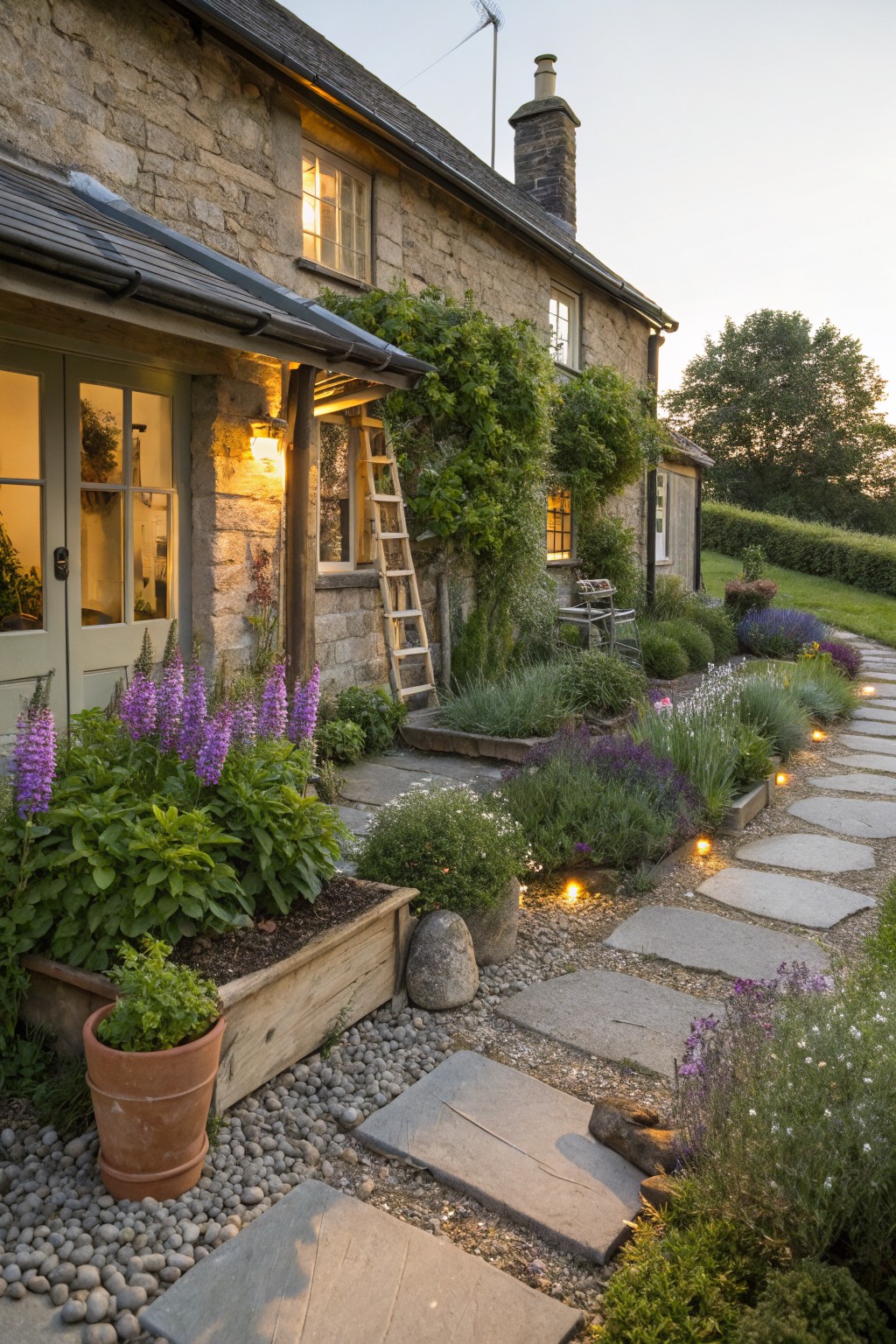 Cozy stone cottage with illuminated garden path, vibrant flowers, and climbing greenery.