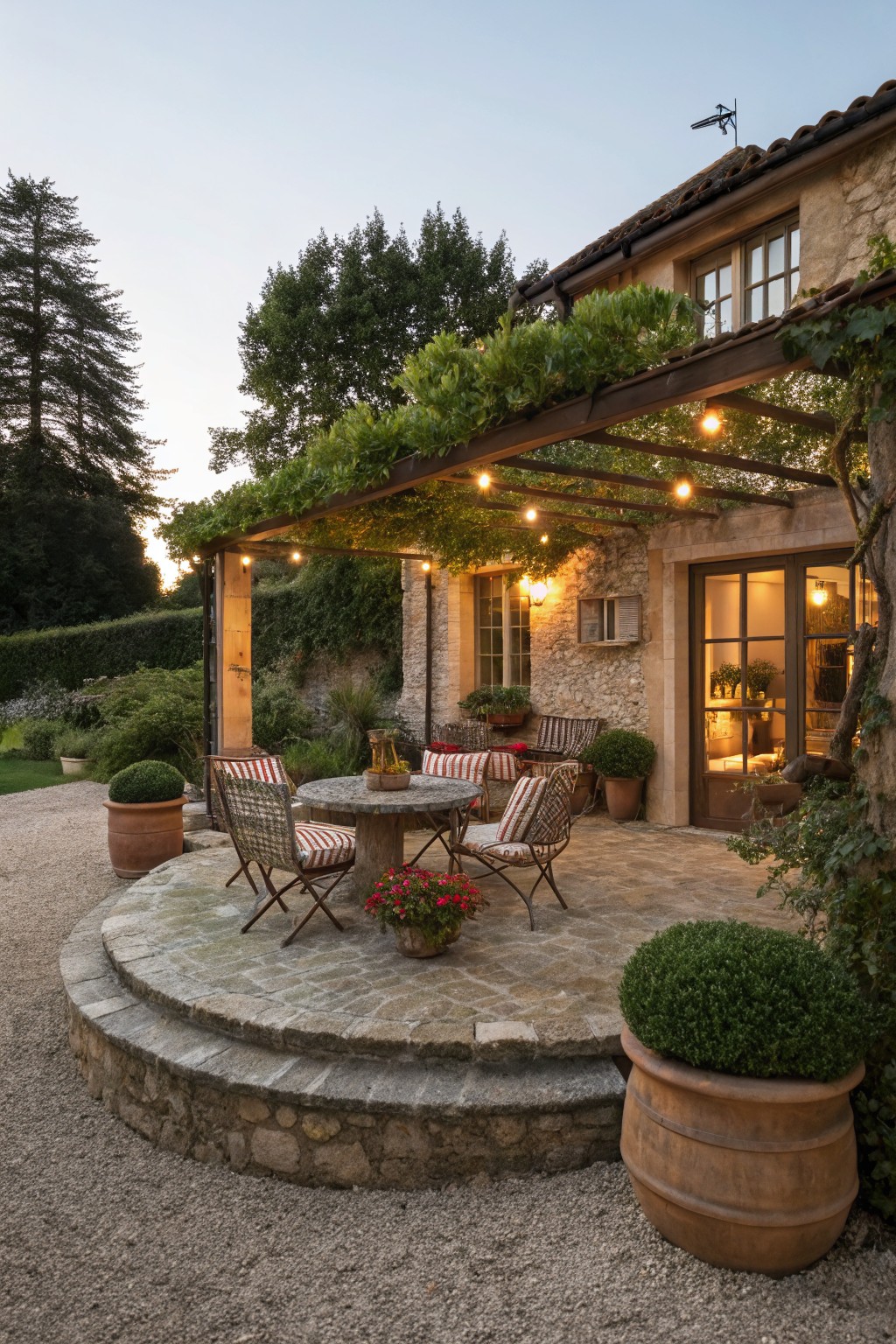 Rustic stone house exterior with vine-draped pergola strung with lights over a round stone table and wicker chairs on a circular gravel patio surrounded by potted plants and trees at dusk.
