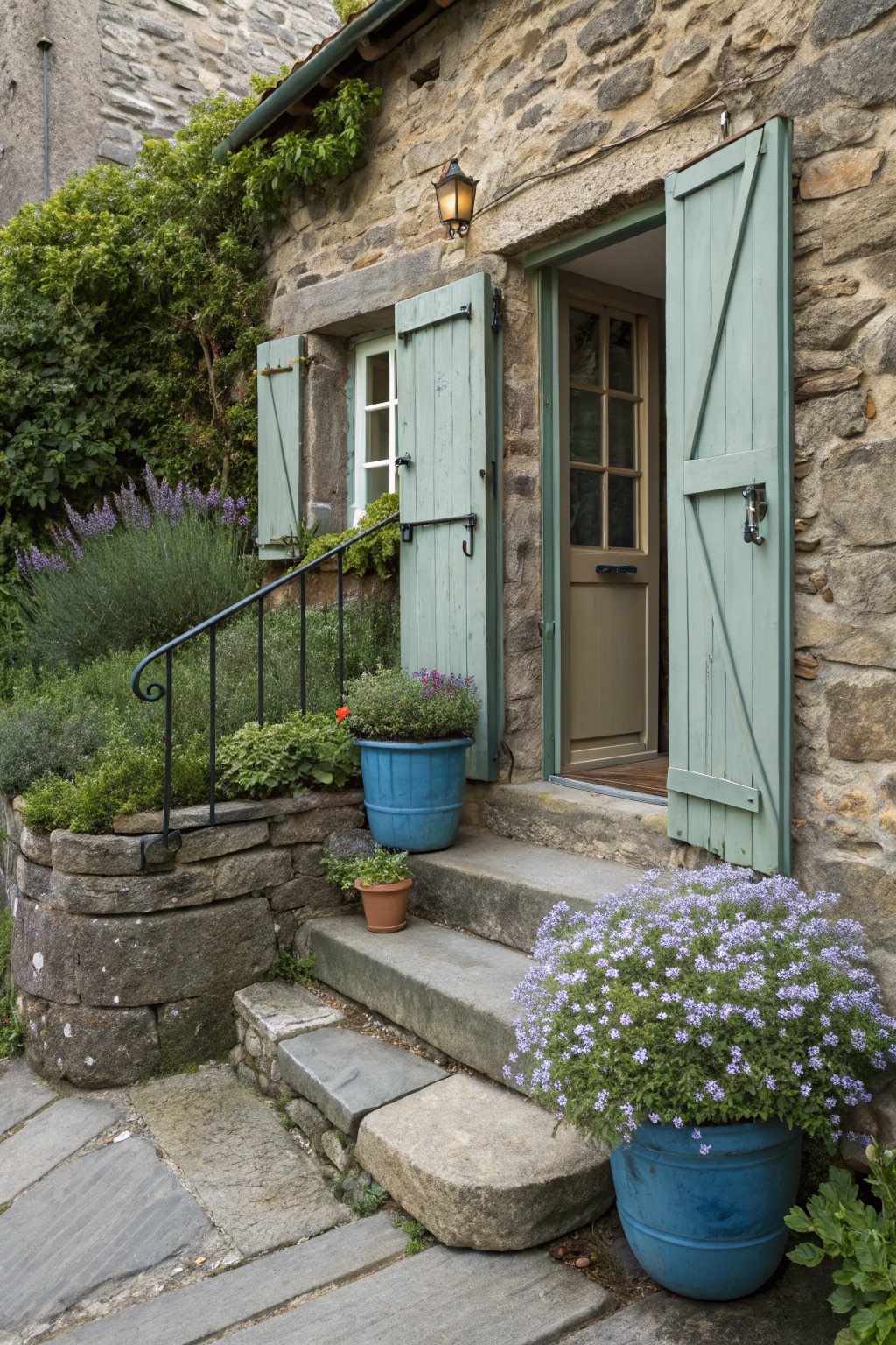 Rustic stone house entrance with open green shutters on the front door and window, blue and terracotta pots of purple flowers and greenery clustered around stone steps and a curved iron railing.