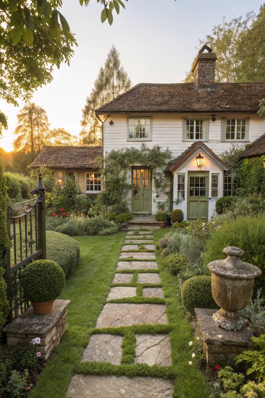 White clapboard cottage with green front door and porch, surrounded by lush gardens and shrubs, with an irregular stone slab path edged in grass leading from a black metal gate through the front yard at sunset.