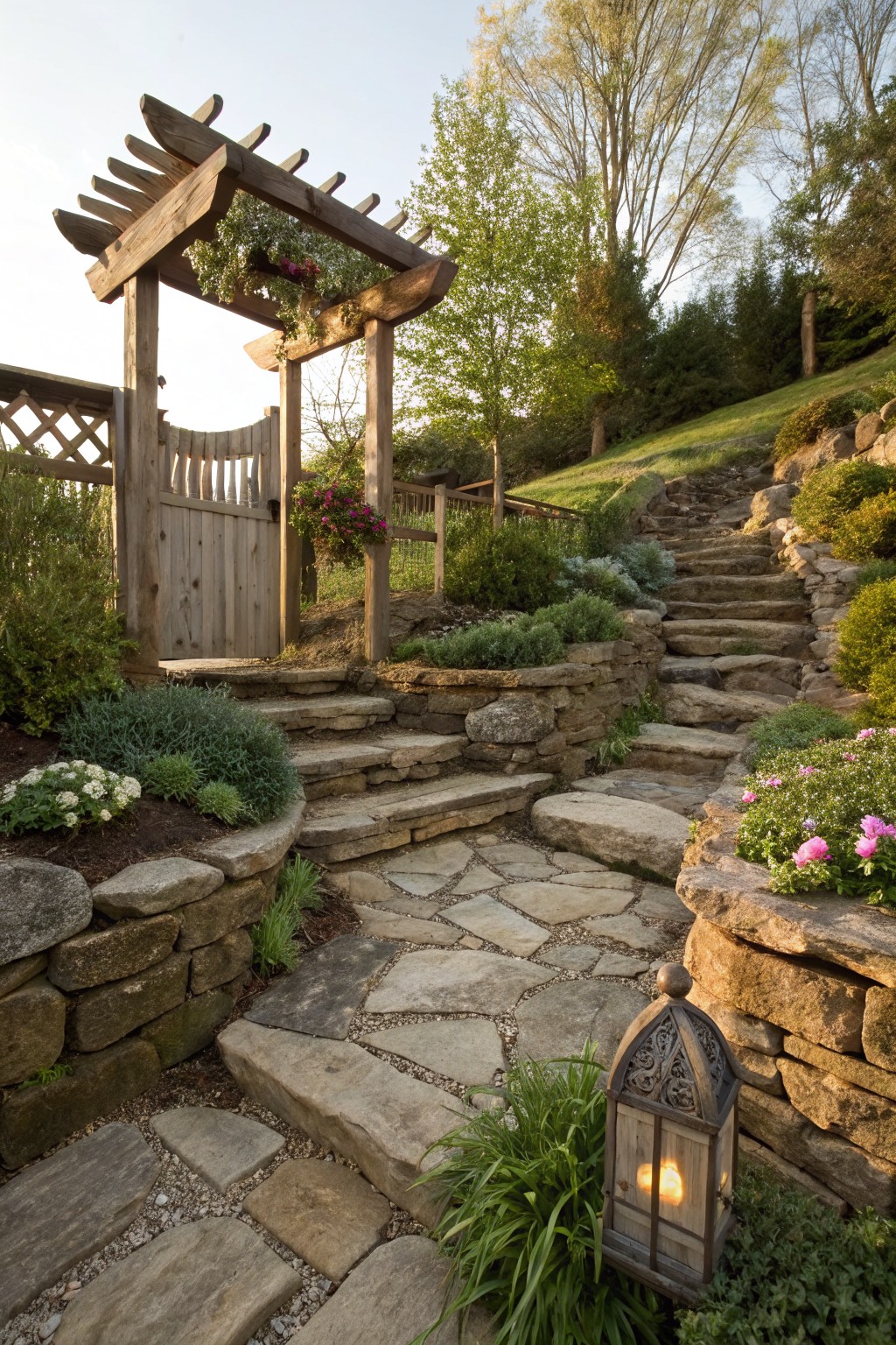 Wooden pergola archway with latched gate leading to irregular stone steps ascending a terraced hillside garden with plants, stone walls, and a lantern.