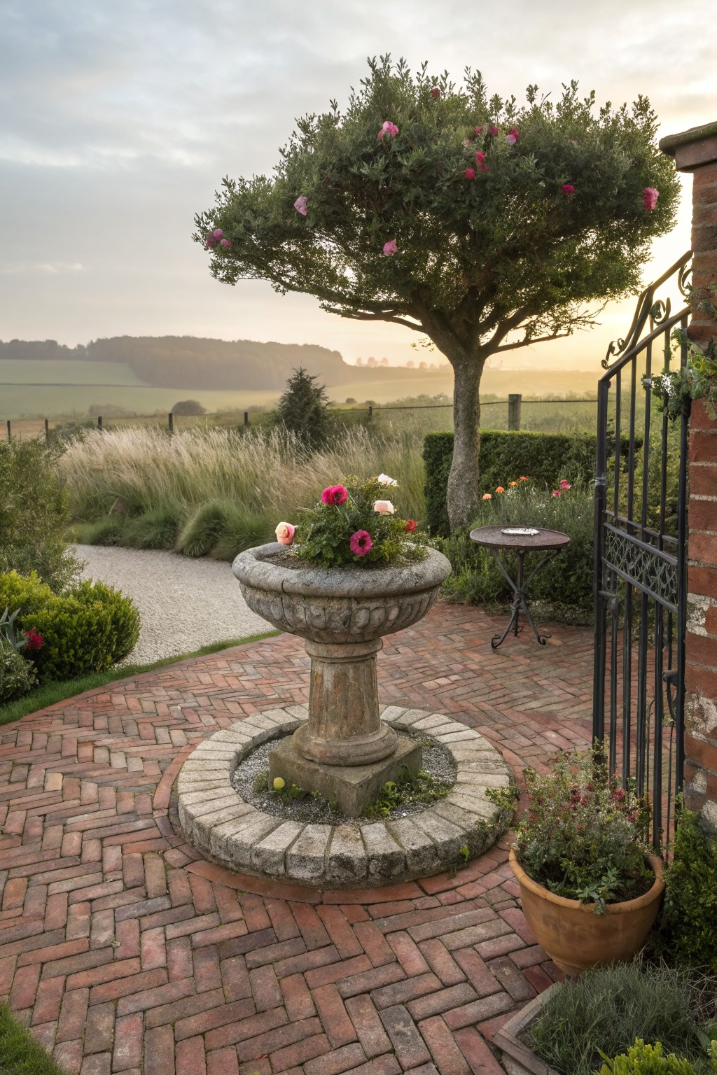 Stone pedestal fountain with colorful flowers on a circular brick base in a garden path edged by plants, hedges, and grasses, next to a black wrought-iron gate with fields visible in the background at dusk.