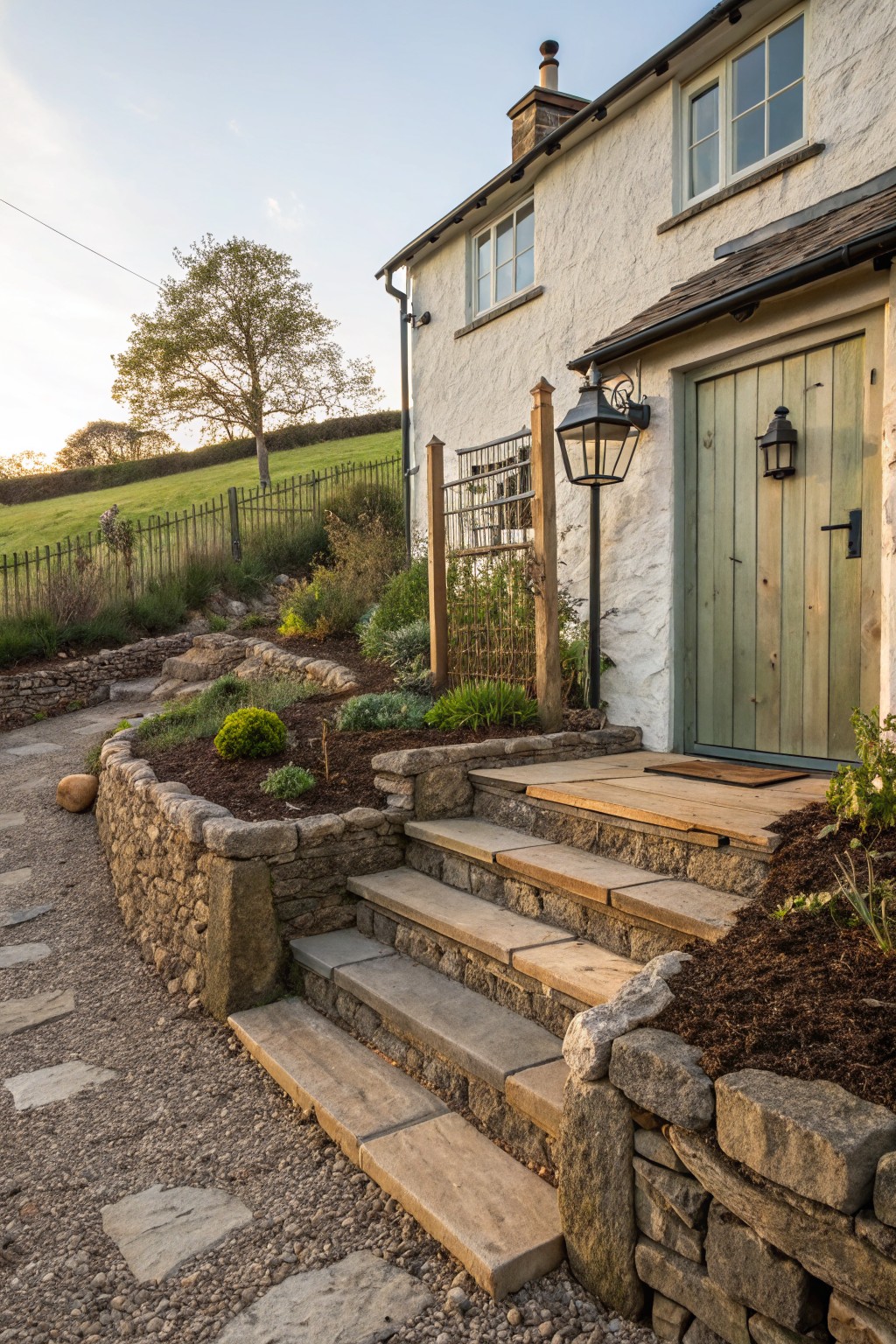 White plaster cottage with green wooden entry door, stone steps leading up from gravel path, flanked by curved dry-stacked stone retaining walls filled with plants and mulch, lanterns on posts, and hillside garden in background.