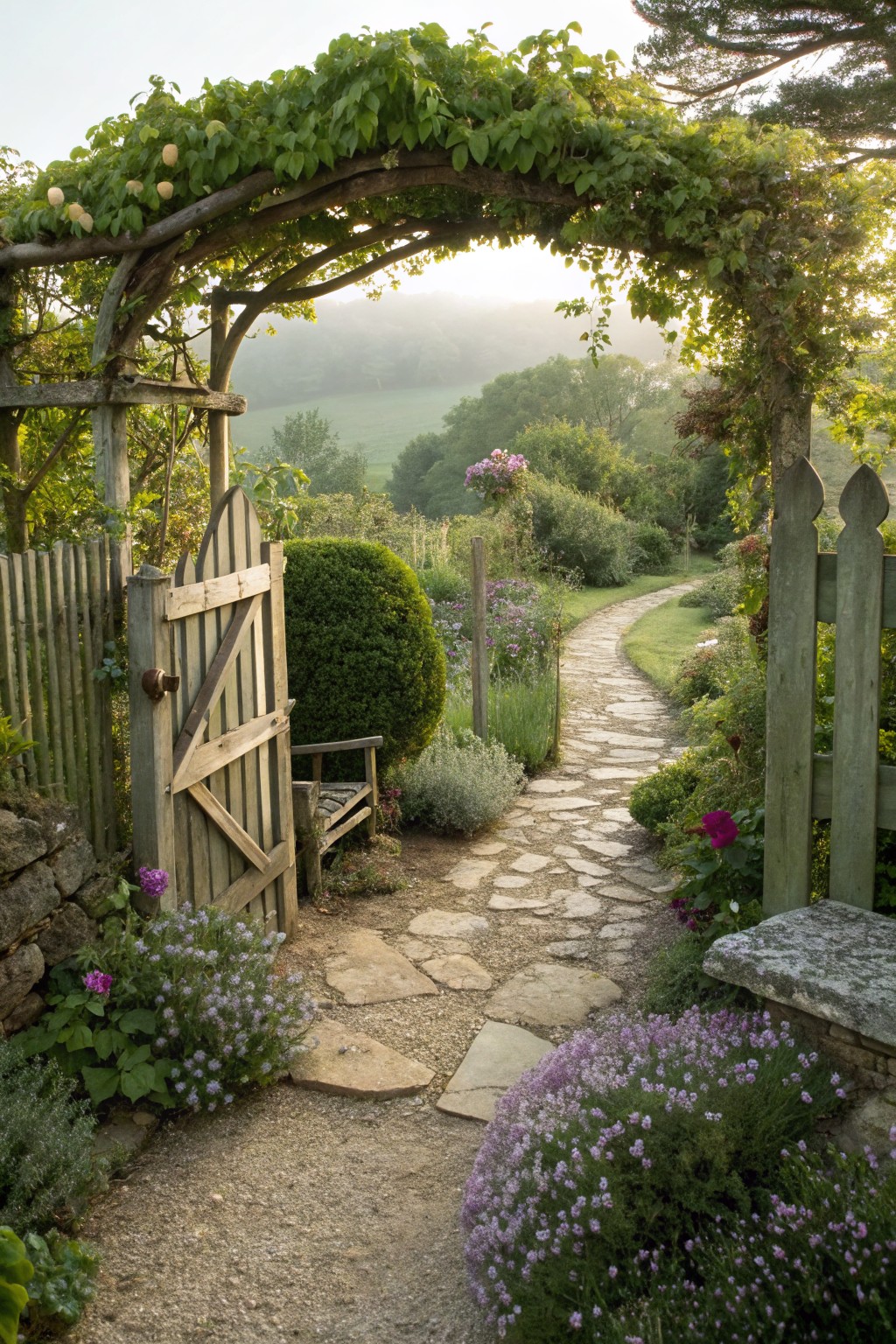 Wooden arched gate with vine-covered trellis and hanging gourds opens to a curved flagstone path lined with purple flowers, lavender, boxwood shrubs, and greenery in a garden setting.