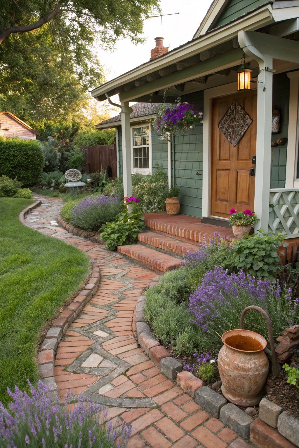 Curving red brick pathway edged with lavender bushes and flowering plants leads through a grassy front yard to the brick steps and wooden door of a green shingled house with a covered porch.