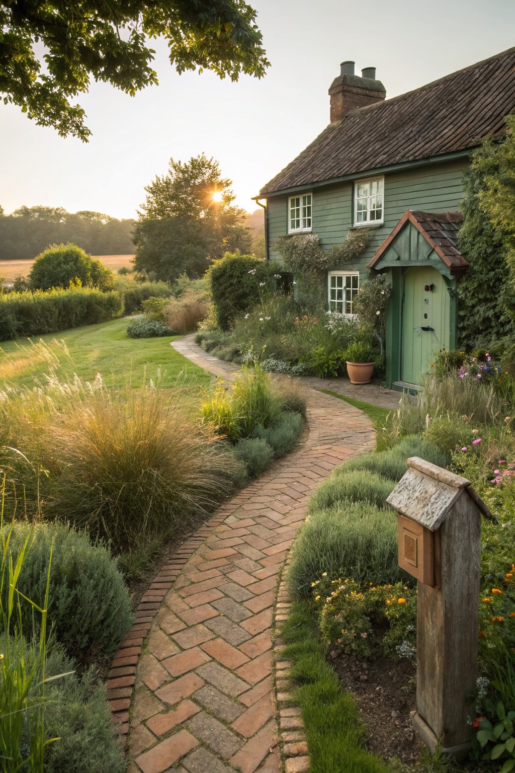 Green clapboard cottage with red brick pathway curving through garden beds of grasses, lavender, and flowers toward the green front door, with trees and sunset light in the background.