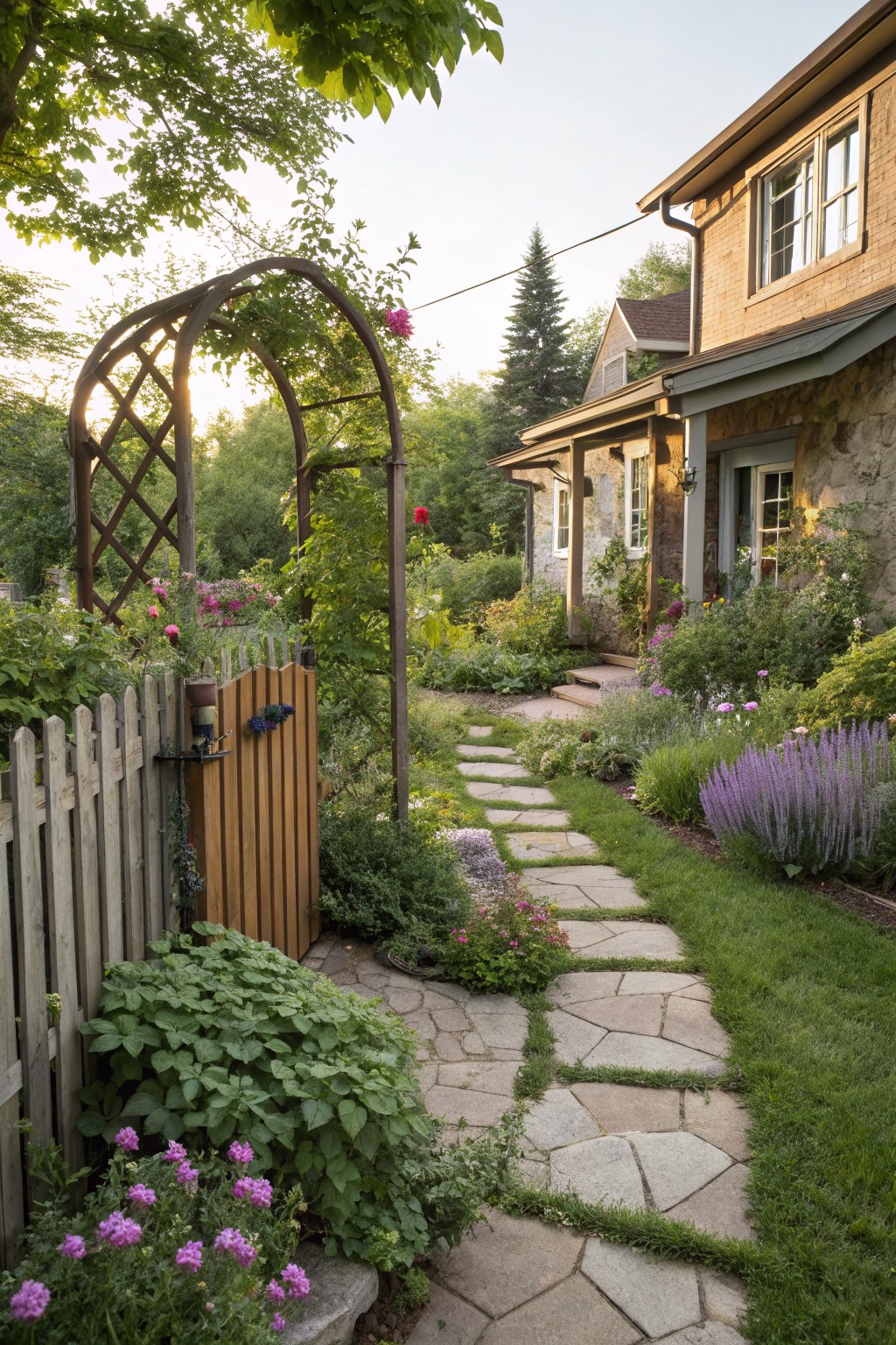 Winding flagstone path bordered by lush flower beds, shrubs, and perennials leads through a picket fence gate and wooden arbor to the front porch of a stone and brick cottage house surrounded by trees.