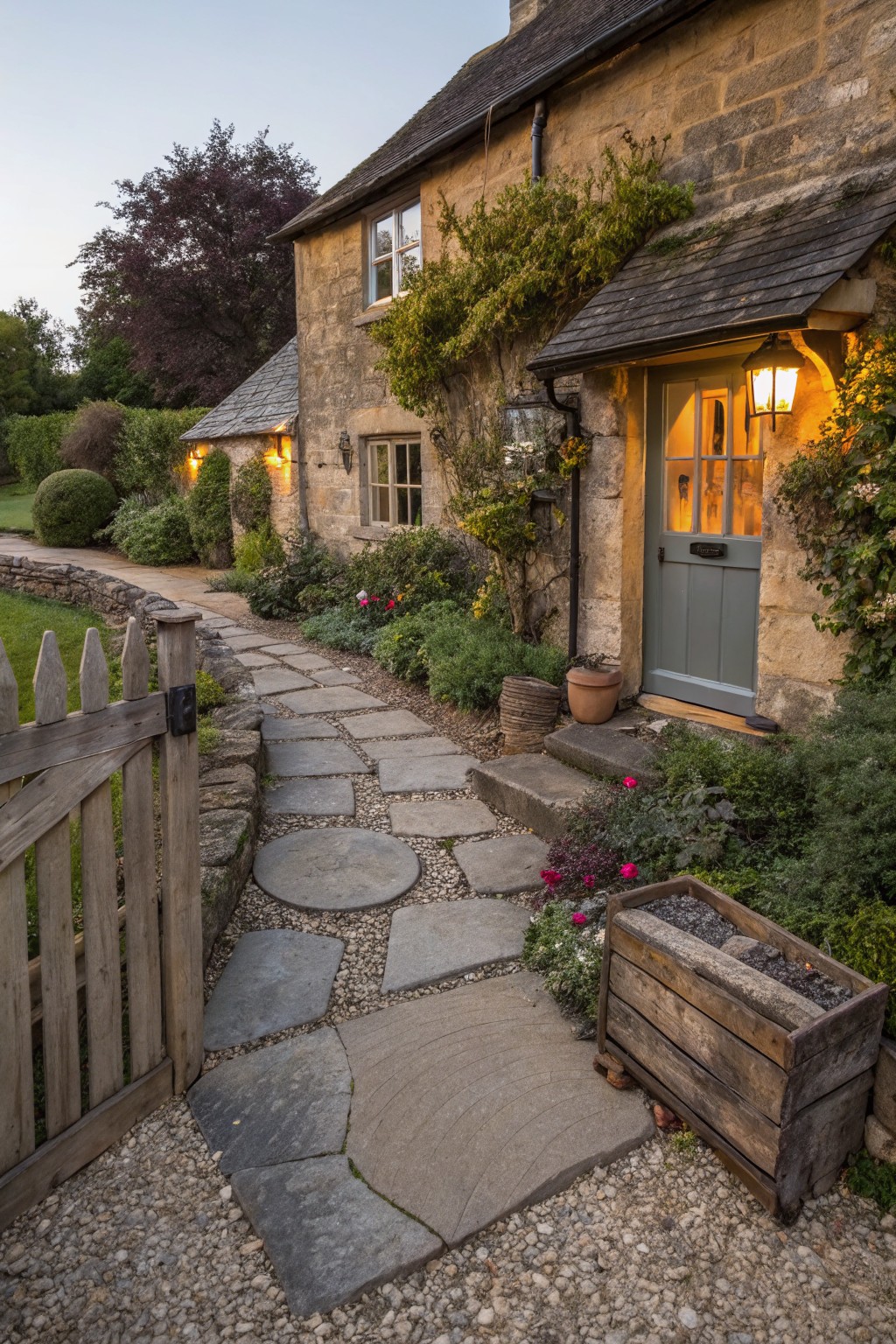Rustic stone cottage exterior with a winding flagstone path from a wooden picket gate through flower beds and shrubs to a blue front door, surrounded by gardens and lit by lanterns at evening.