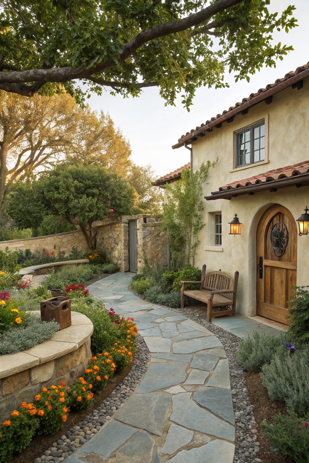 Curved flagstone pathway edged by flower beds and gravel leading to a wooden arched door on a stucco house with stone walls, bench, lanterns, and surrounding trees and shrubs.