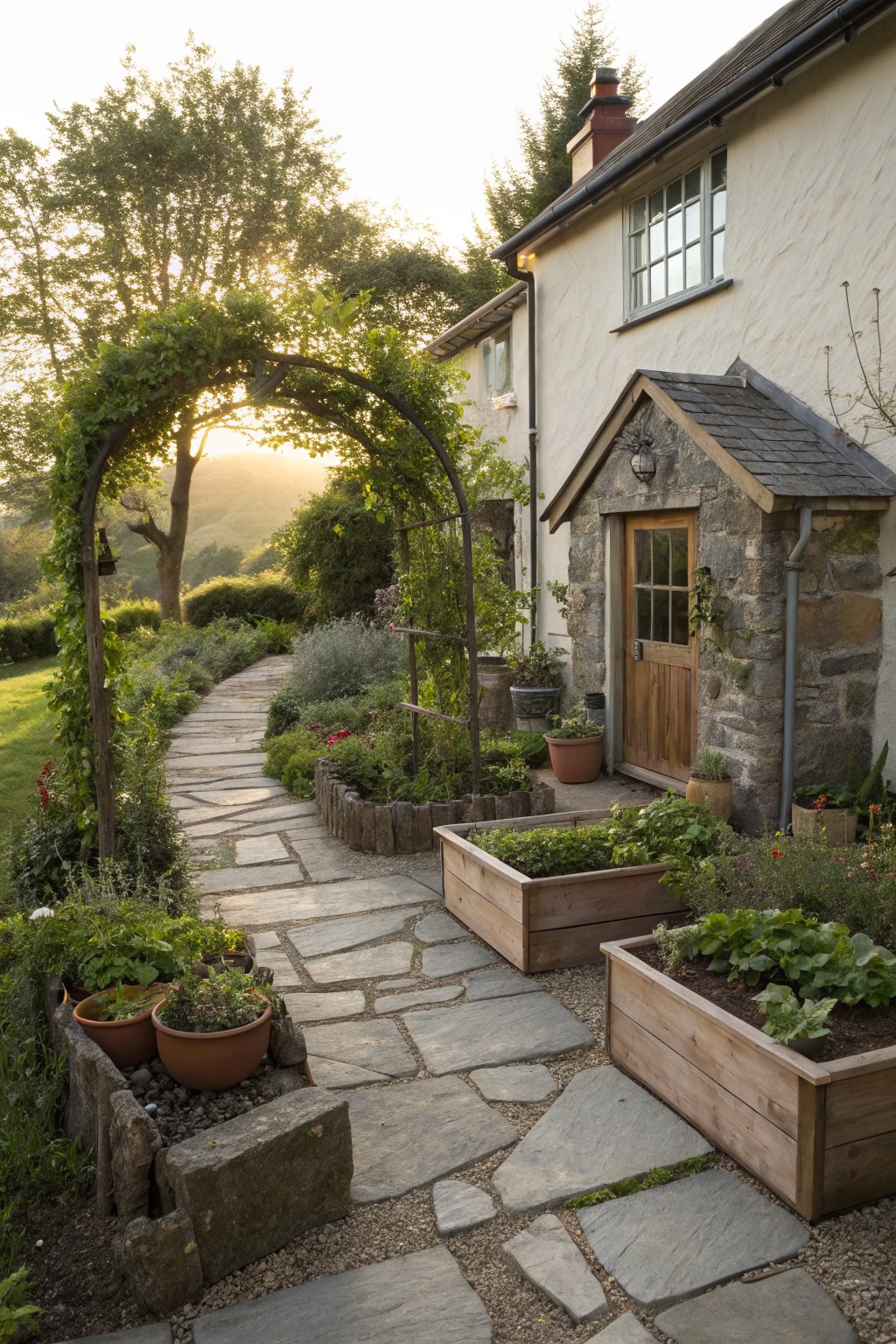 Winding flagstone path through a cottage garden with raised wooden planter beds of herbs and flowers, vine-covered arched trellis, stone porch door on white house wall, and distant trees in sunset light.