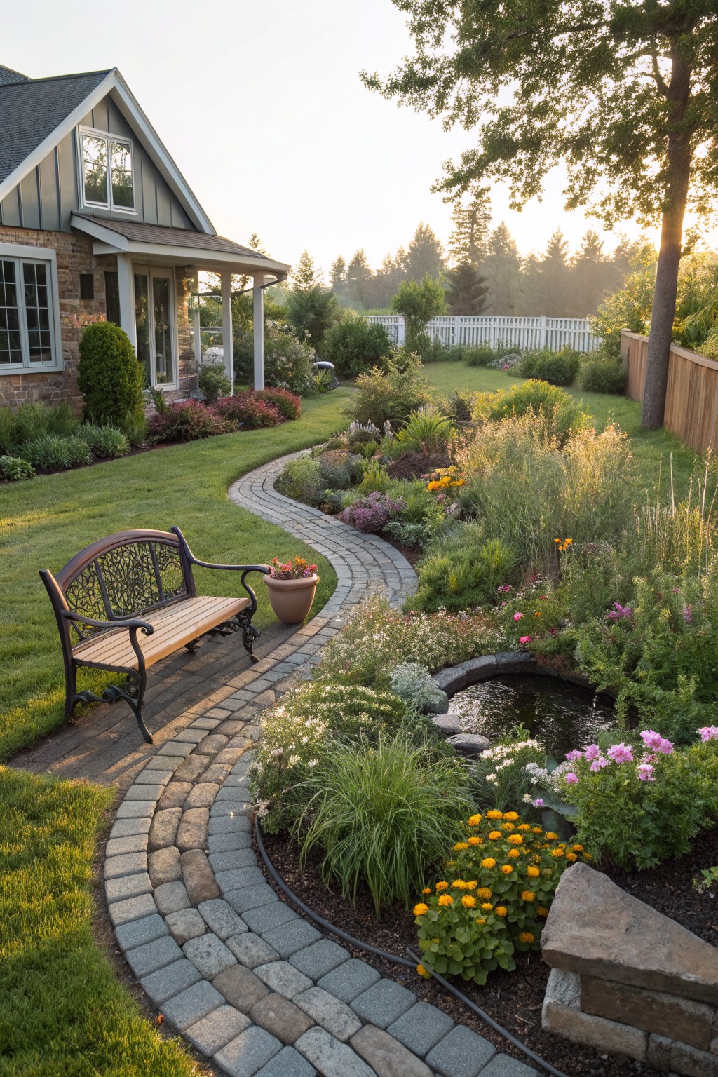 A curved gray brick pathway winds through lush garden beds filled with flowers, ornamental grasses, a wooden bench with potted plant, small round pond, and house visible in background.