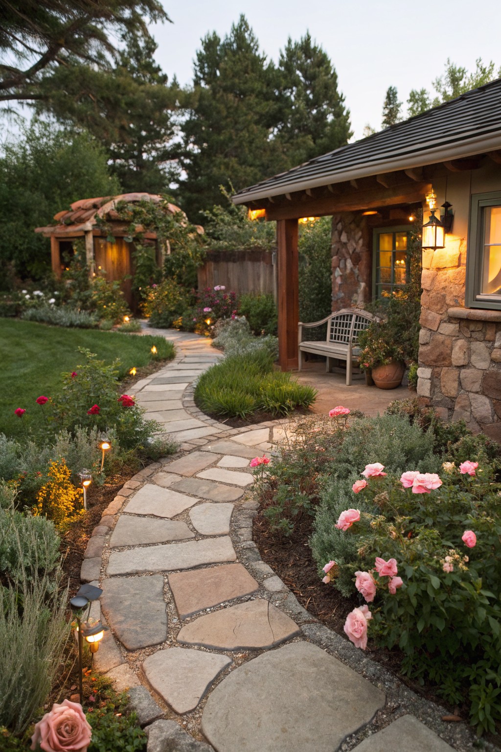 Winding flagstone path curving through garden beds with pink roses, lavender, and low solar lights, leading to a rustic stone house porch with a wooden bench at dusk.