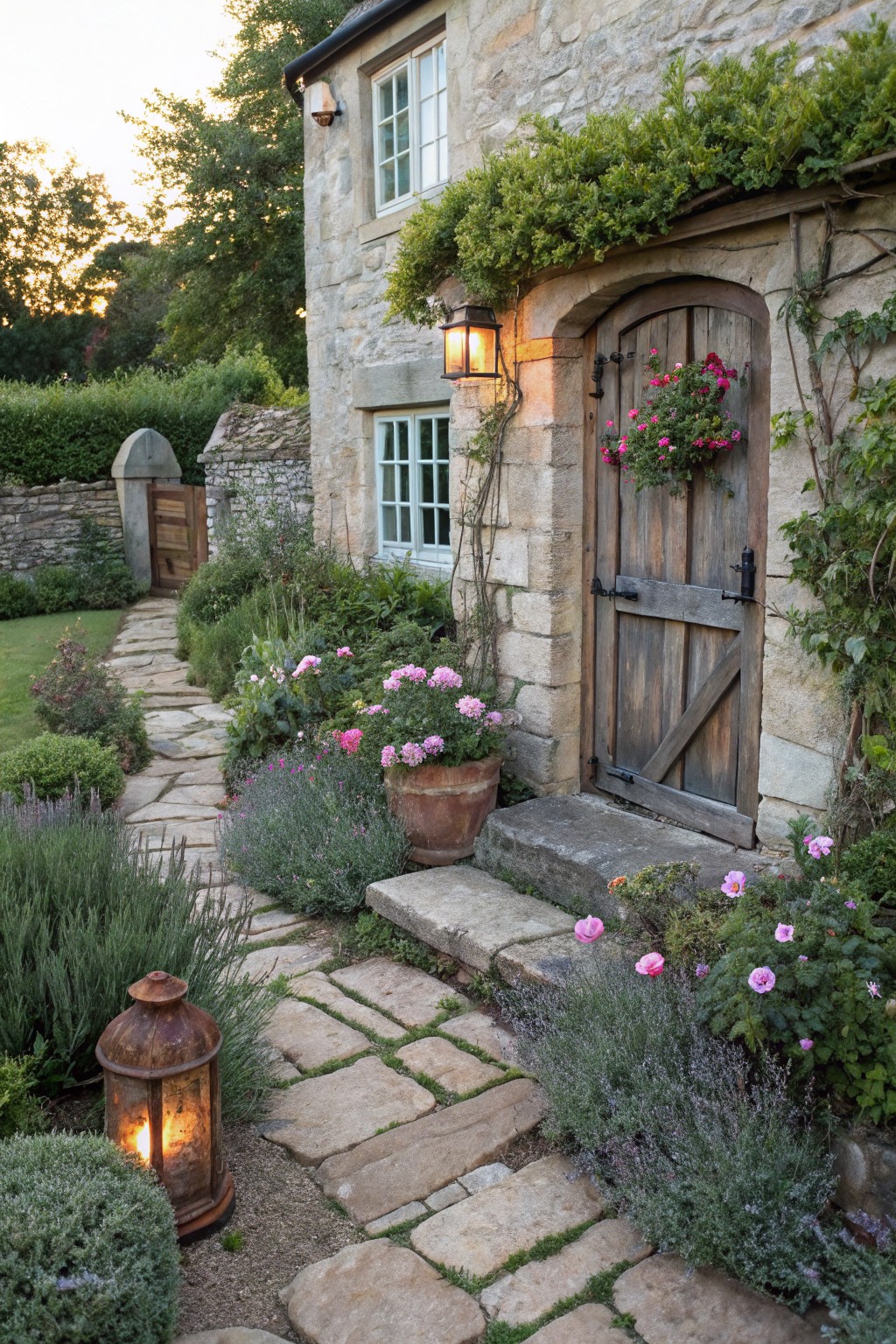 Rustic stone cottage with arched wooden door, flanked by climbing vines and flower pots, leading to a winding flagstone path edged with lavender bushes, roses, and lanterns in a garden setting at dusk.