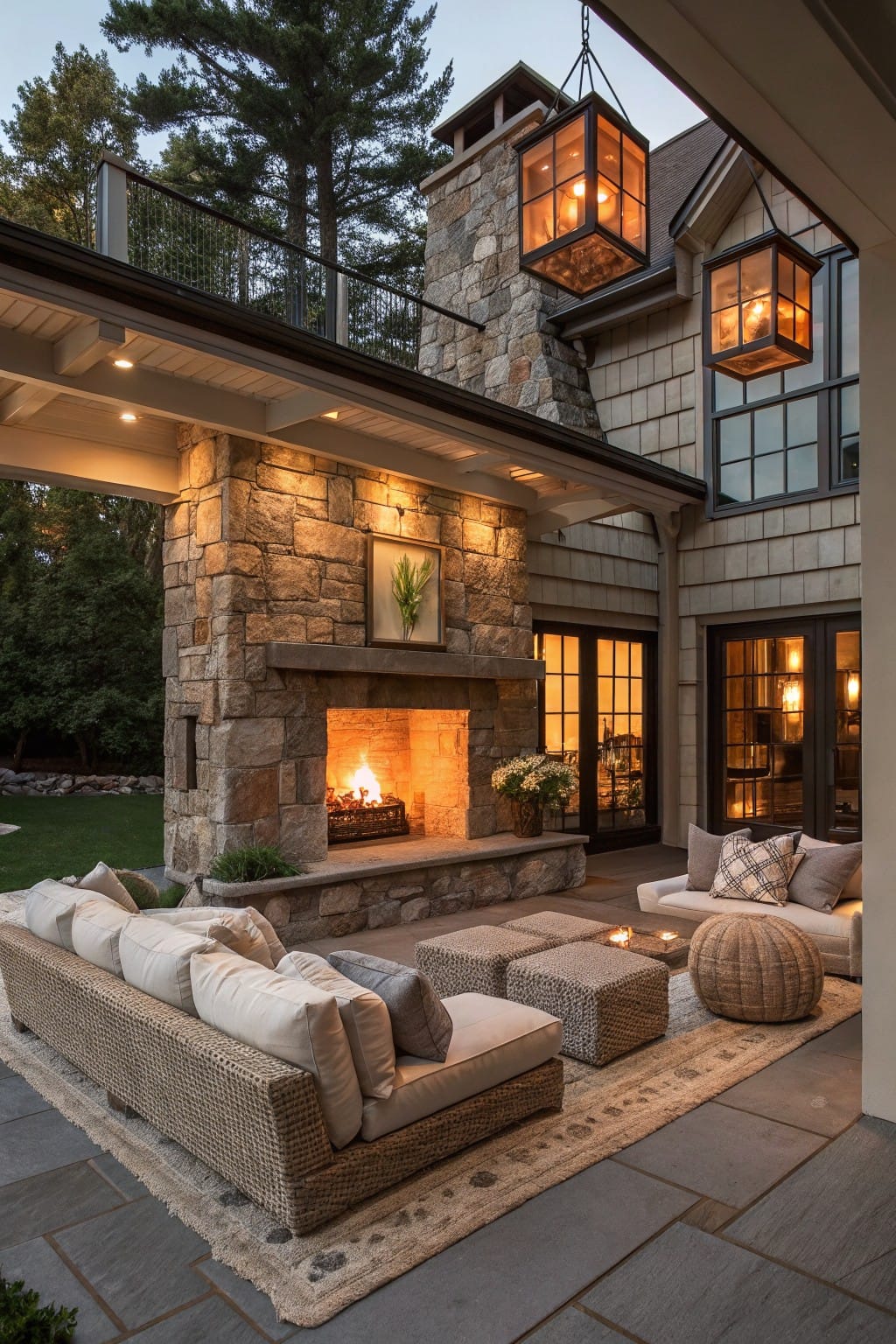 Backyard patio with a built-in stone outdoor fireplace, neutral fabric seating arranged around it on a slate floor, under a wooden covered structure with hanging lanterns, next to house French doors and trees.