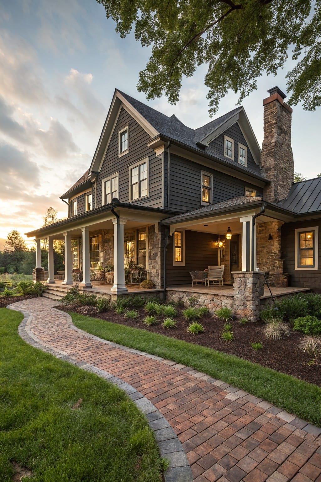 Dark gray sided farmhouse with stone chimney and base, wrap-around porch with white columns, curved red brick pathway through lawn and shrubs, at sunset.