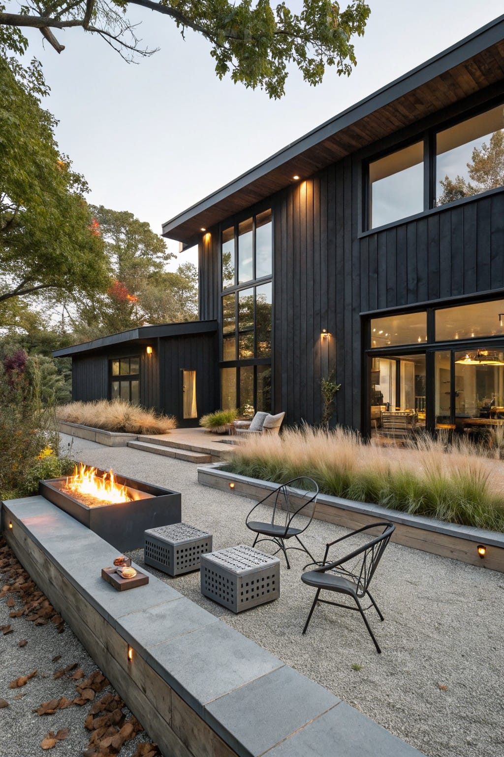Black wood-sided modern house with large windows overlooks a gravel patio edged by a low stone wall holding a lit linear fire pit, flanked by two chairs and tall grasses.
