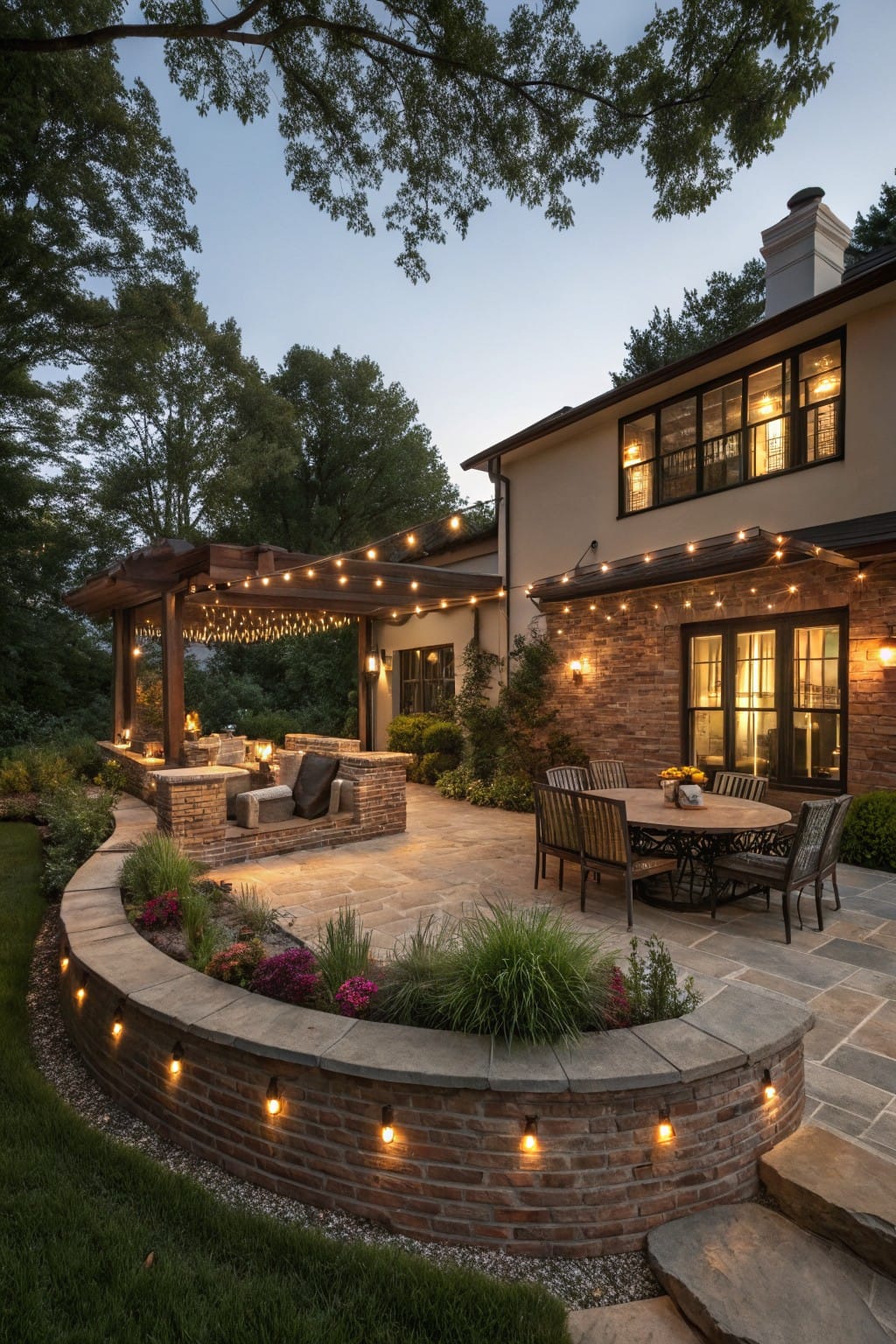 Backyard patio featuring a curved brick retaining wall topped with plants and edged with small lights, a pergola with string lights over lounge seating, a dining table nearby, and a brick house with windows lit at dusk.