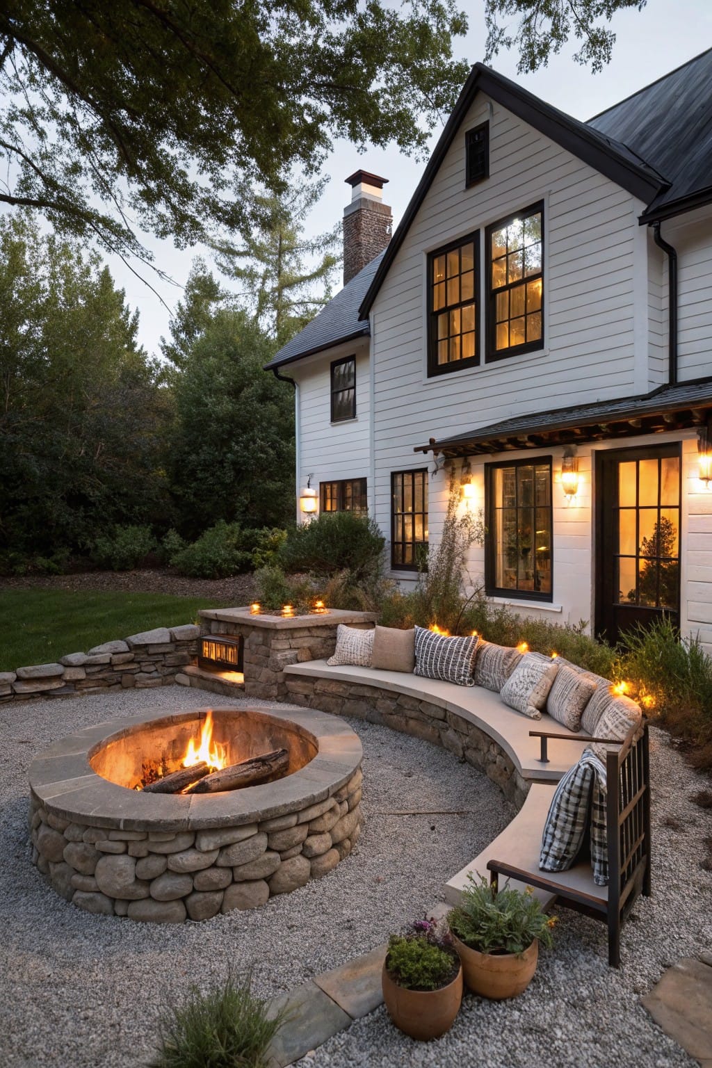 Curved Stone Fire Pit with Bench Seating