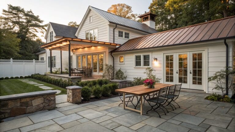 24 Rustic Modern Farmhouse Backyard Ideas With Timeless Charm White clapboard farmhouse with metal roof and glass doors opening to a pergola-covered patio with wooden dining table and chairs on bluestone pavers, flanked by planters and shrubs.