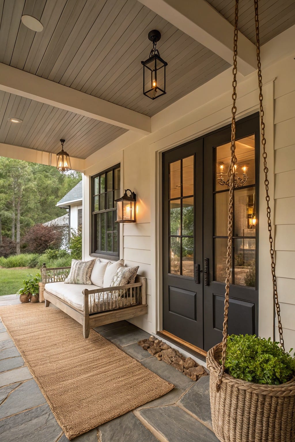 White clapboard house exterior with covered porch featuring black double doors, hanging swing bed with white cushions and pillows, wall-mounted lanterns, seagrass rug on stone pavers, and hanging basket plant.