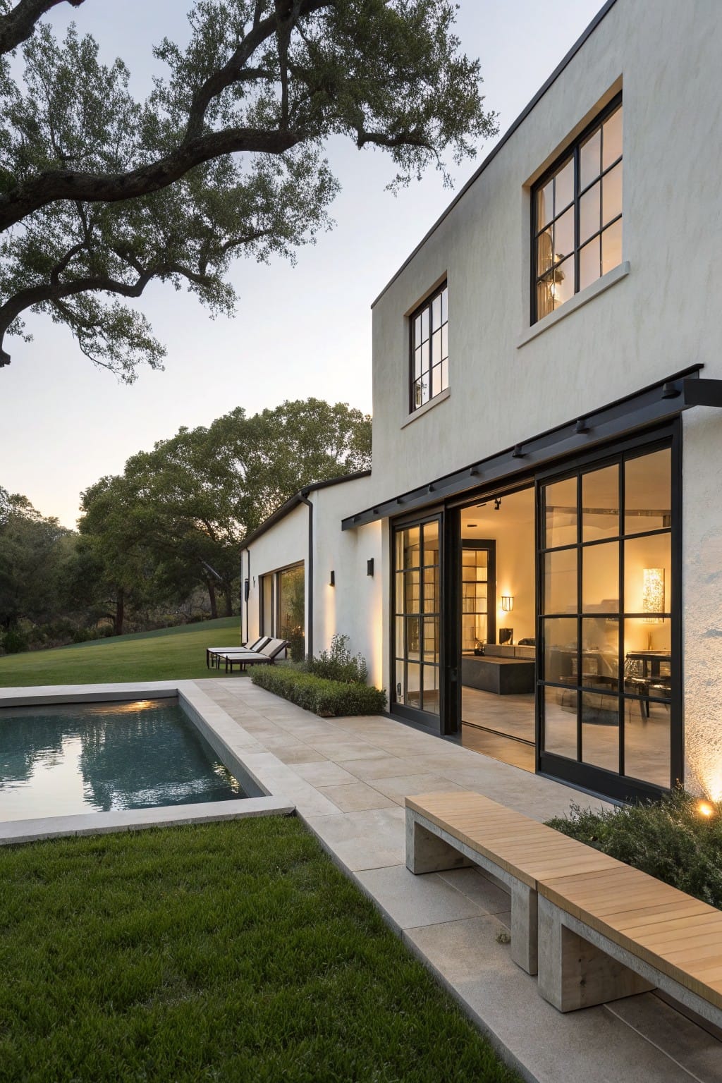 Backyard view of a white stucco house with large black metal-framed sliding glass doors opening from the living room to a rectangular pool, stone deck with wooden bench, green lawn, and oak trees at dusk.