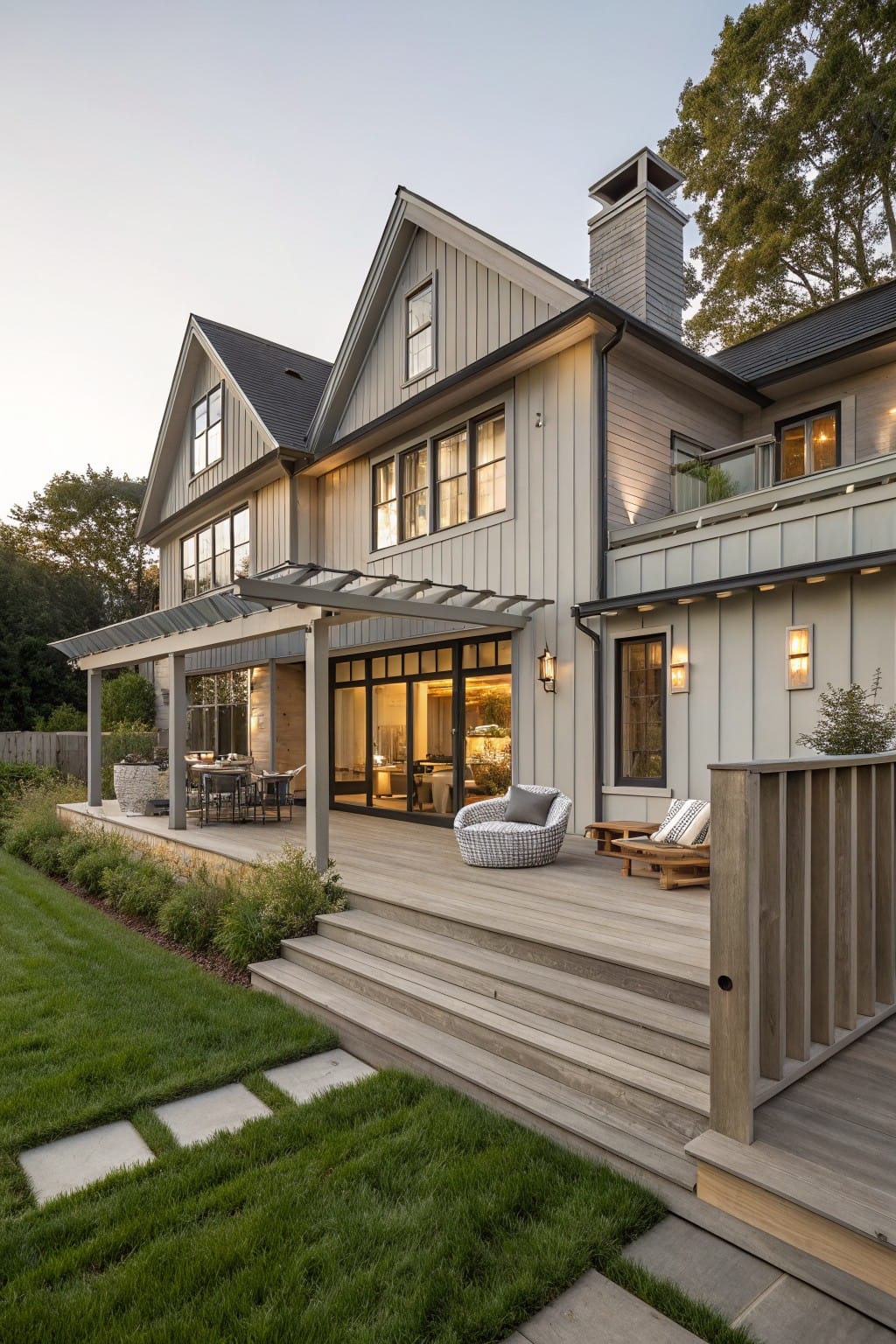 Back view of a two-story gray shingle house with large windows, a pergola-covered deck holding lounge chairs and a dining table, glass doors, wooden steps to a lawn path with pavers, shrubs, and trees.