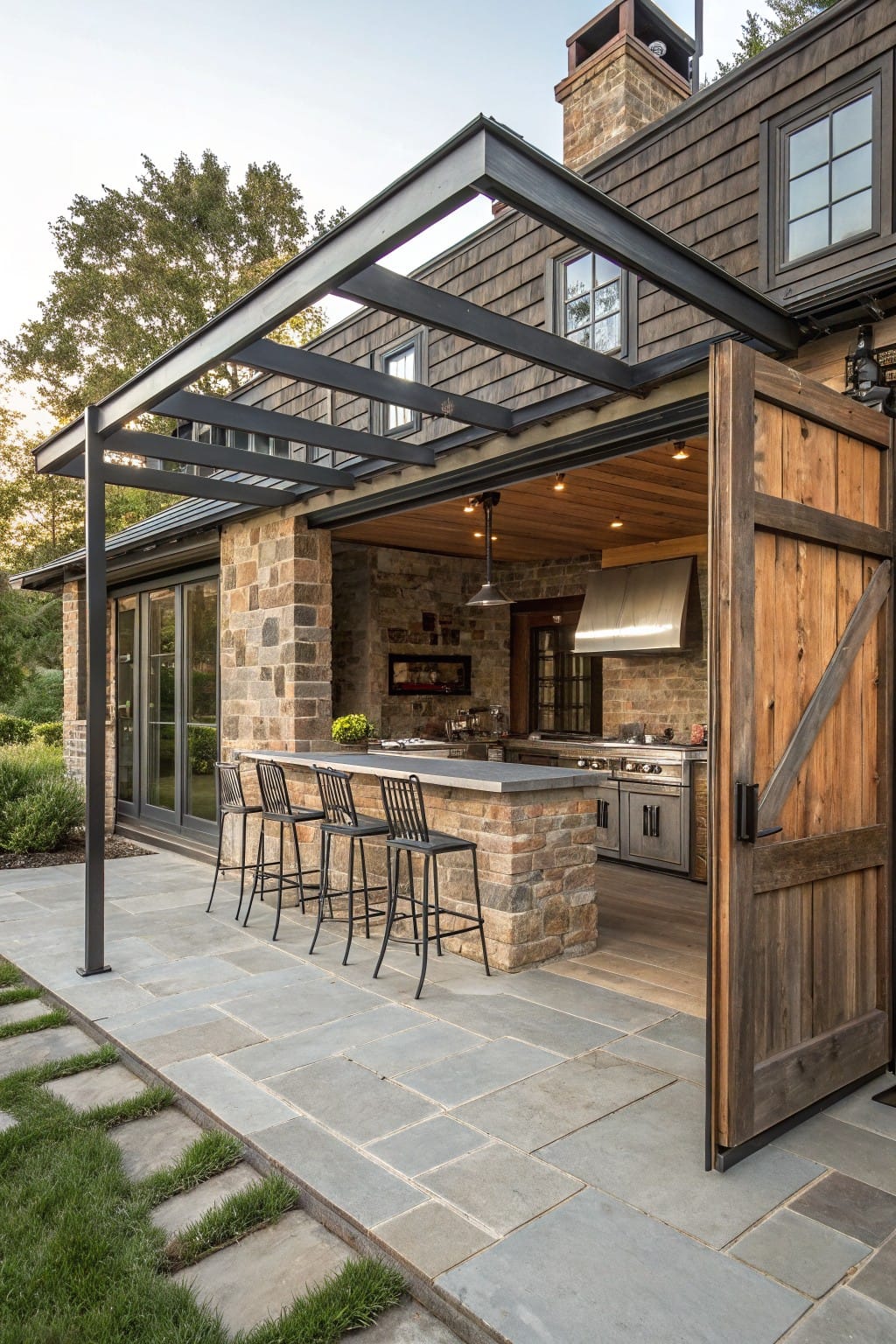 Stone outdoor kitchen with bar-height counter and stools under black steel pergola frame, attached to house with open wooden barn door, on bluestone patio next to grass and trees.