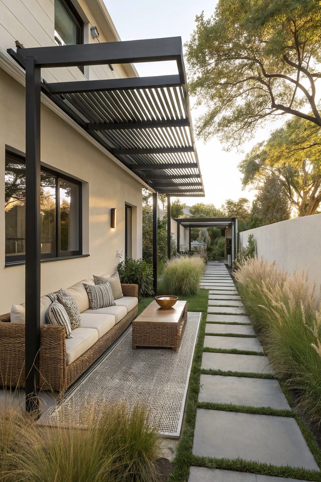 Beige stucco house wall with black slatted metal pergola sheltering a beige rattan sofa, wood table, and gray rug on a patio, adjacent to a concrete stepping stone path lined with tall ornamental grasses.
