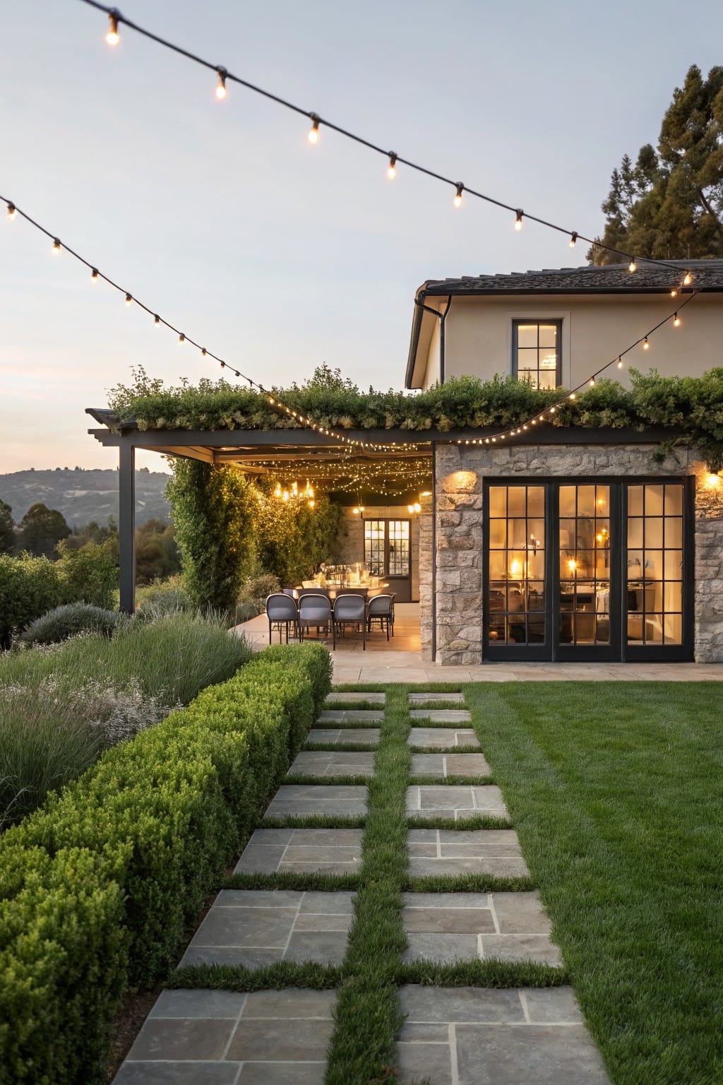 Stone farmhouse exterior with large glass doors opening to a vine-covered wooden pergola over a patio dining table, strung with multiple lines of white lights at dusk, stone paver path through lawn and boxwood hedges leading to it.