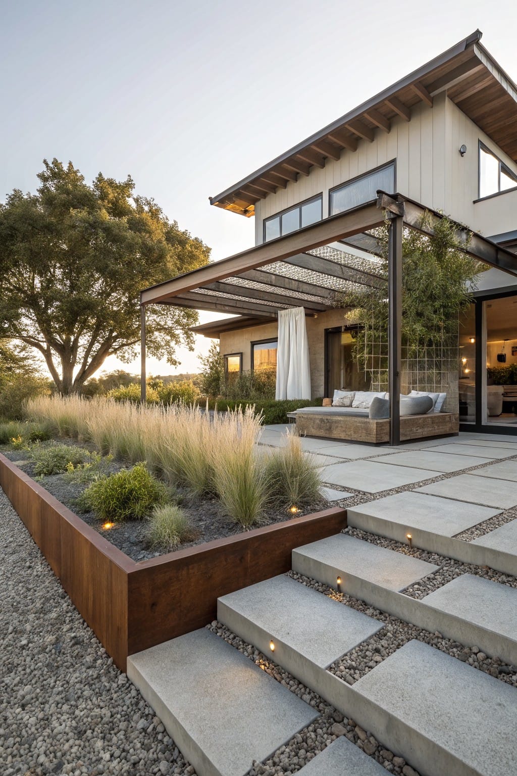 Backyard patio of a modern farmhouse with concrete pavers and steps, edged by rectangular raised metal planters filled with tall ornamental grasses, under a metal pergola with draped fabric near glass house doors.